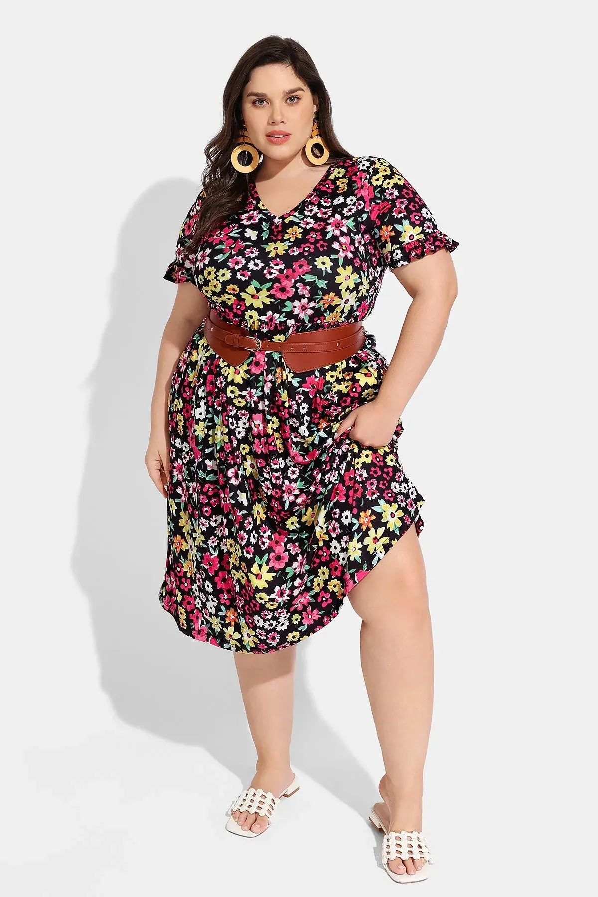 Ritera Allover Floral Supersoft Ruffle Sleeve Midi Dress