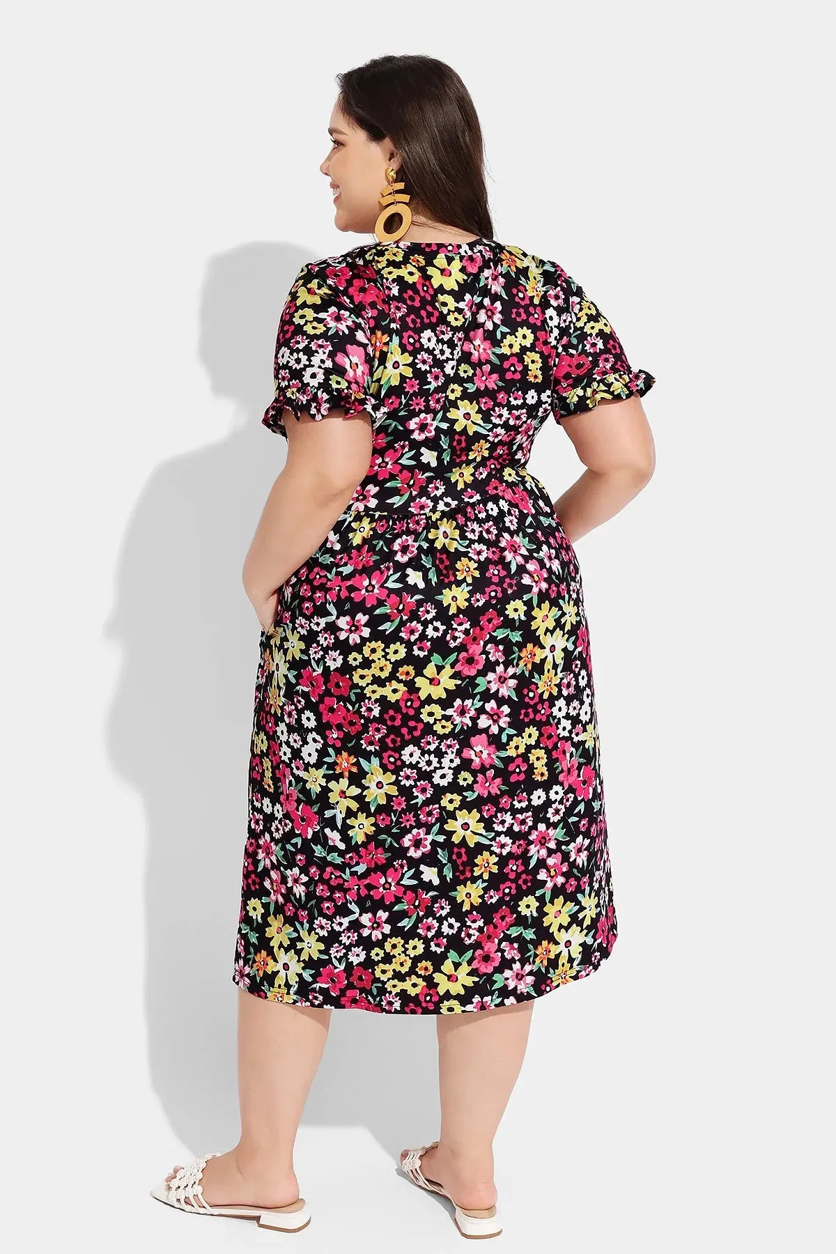 Ritera Allover Floral Supersoft Ruffle Sleeve Midi Dress