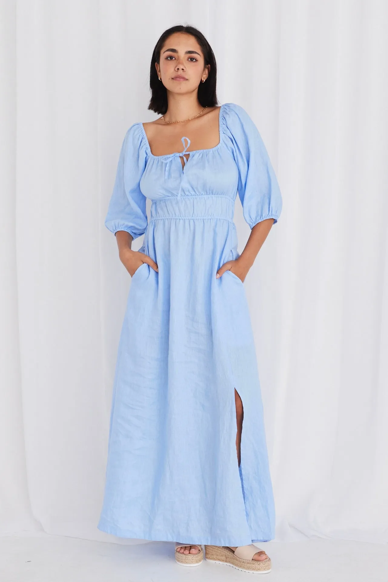 Roma Cornflower Blue Linen Ss Slim Fit Midi Dress