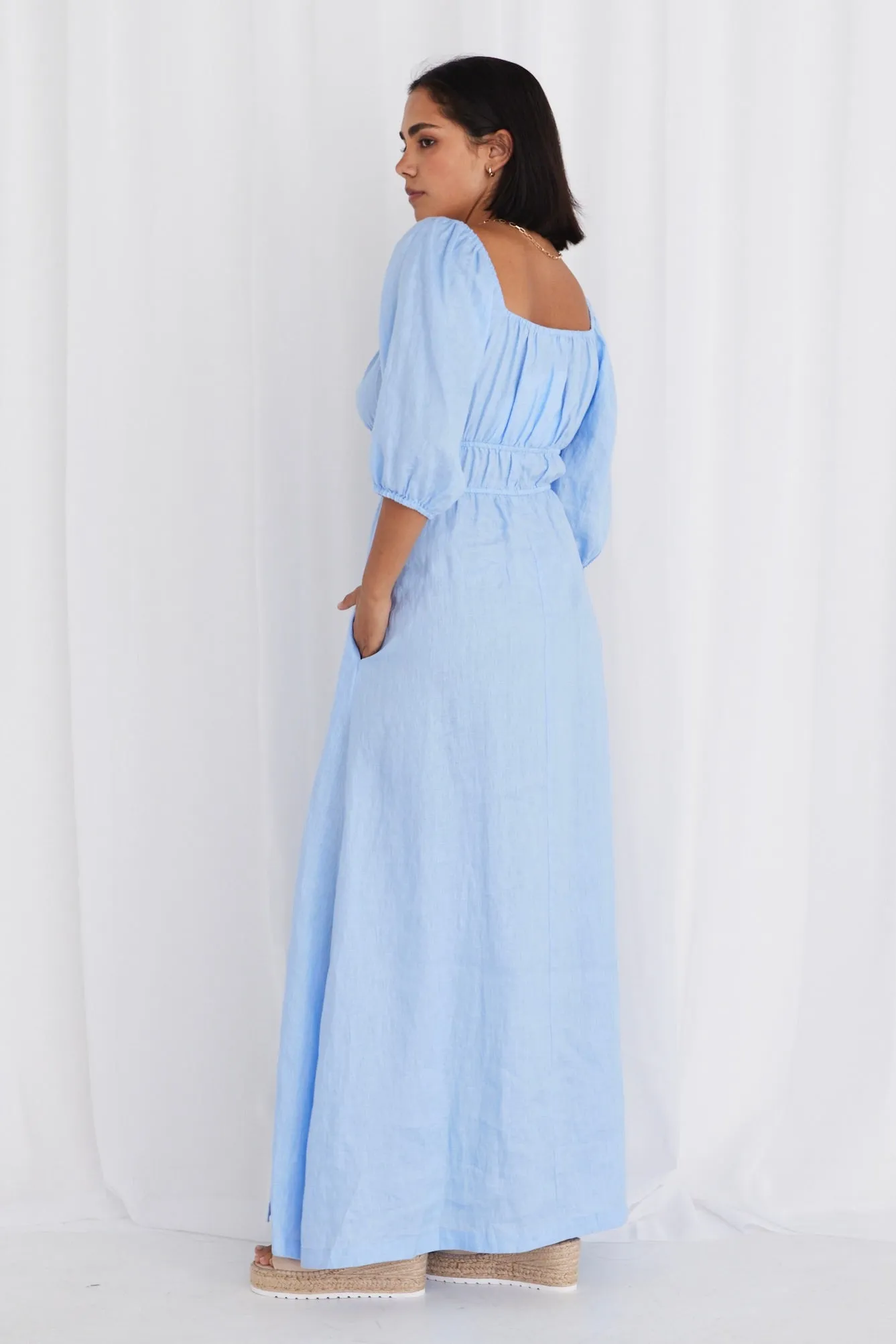 Roma Cornflower Blue Linen Ss Slim Fit Midi Dress