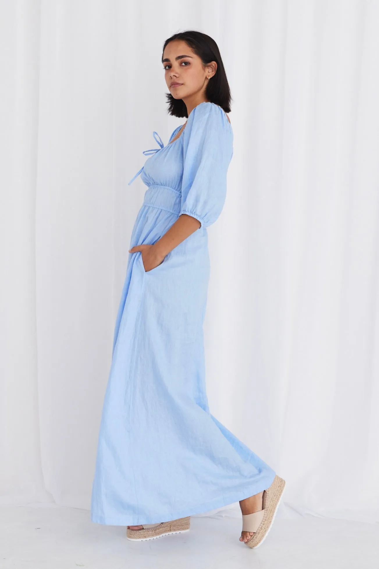 Roma Cornflower Blue Linen Ss Slim Fit Midi Dress