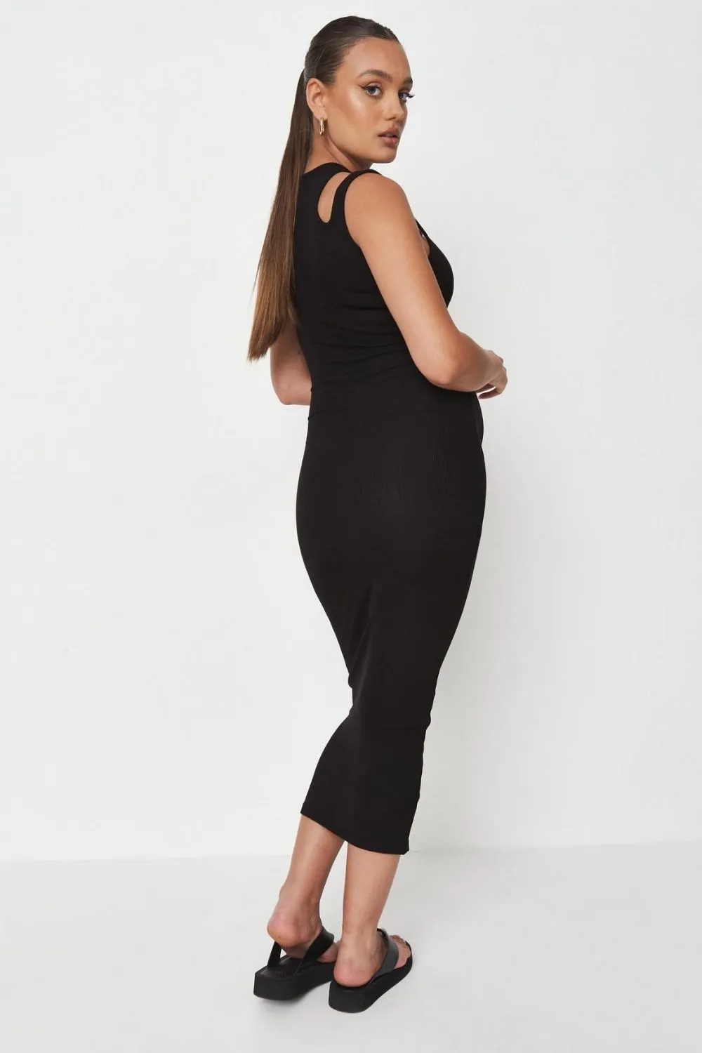 Round Neck Cut Out Detail At Shoulders Midi Dress