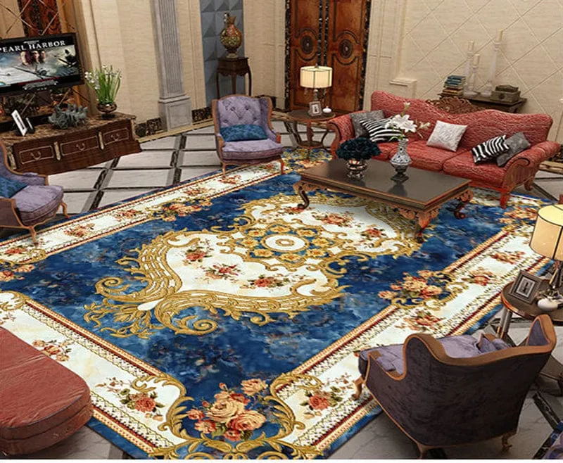 Royal Palace Blue Design Luxury Non-Slip  Rug Carpet