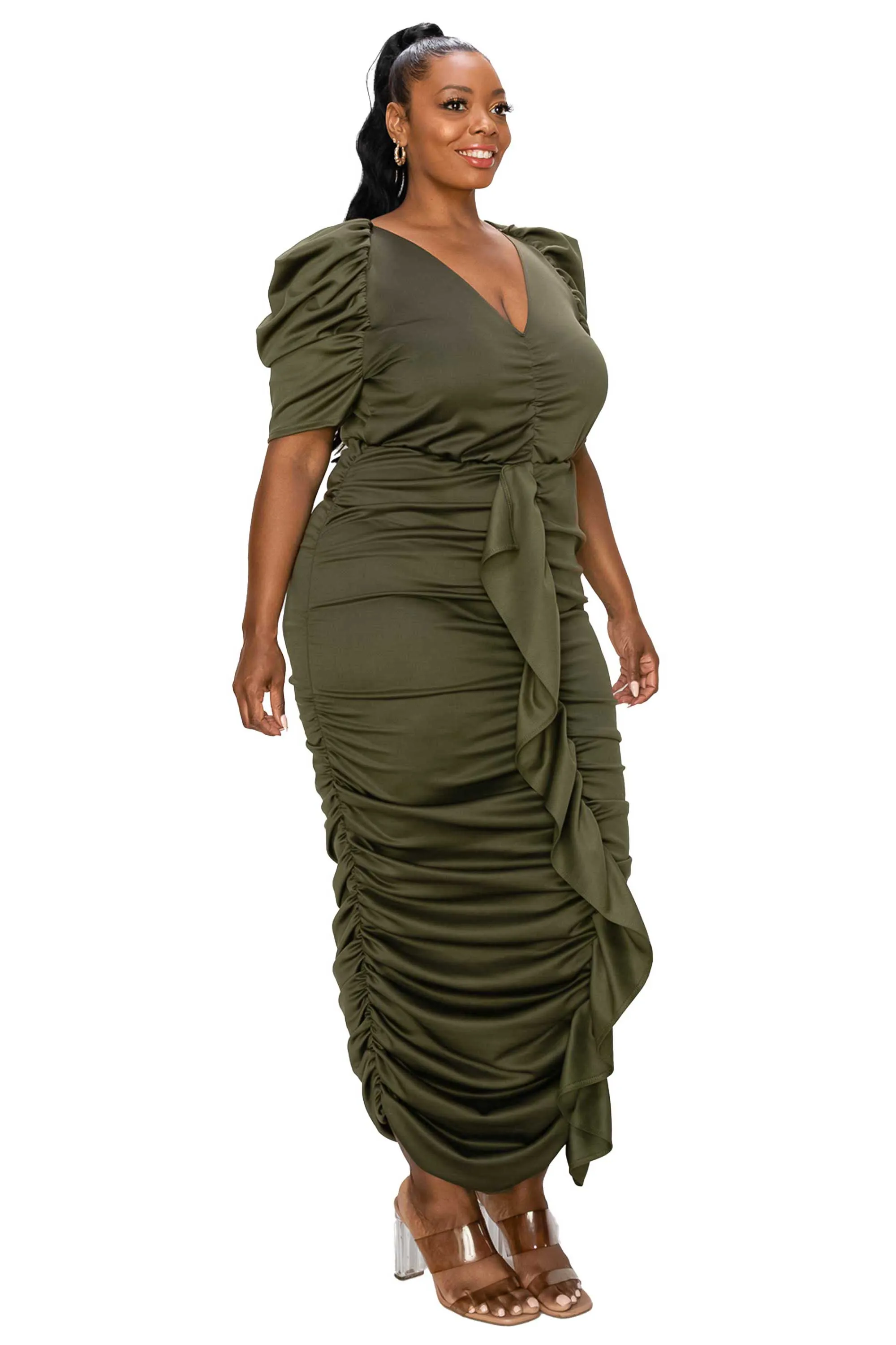 Ruched V Neck Midi Dress