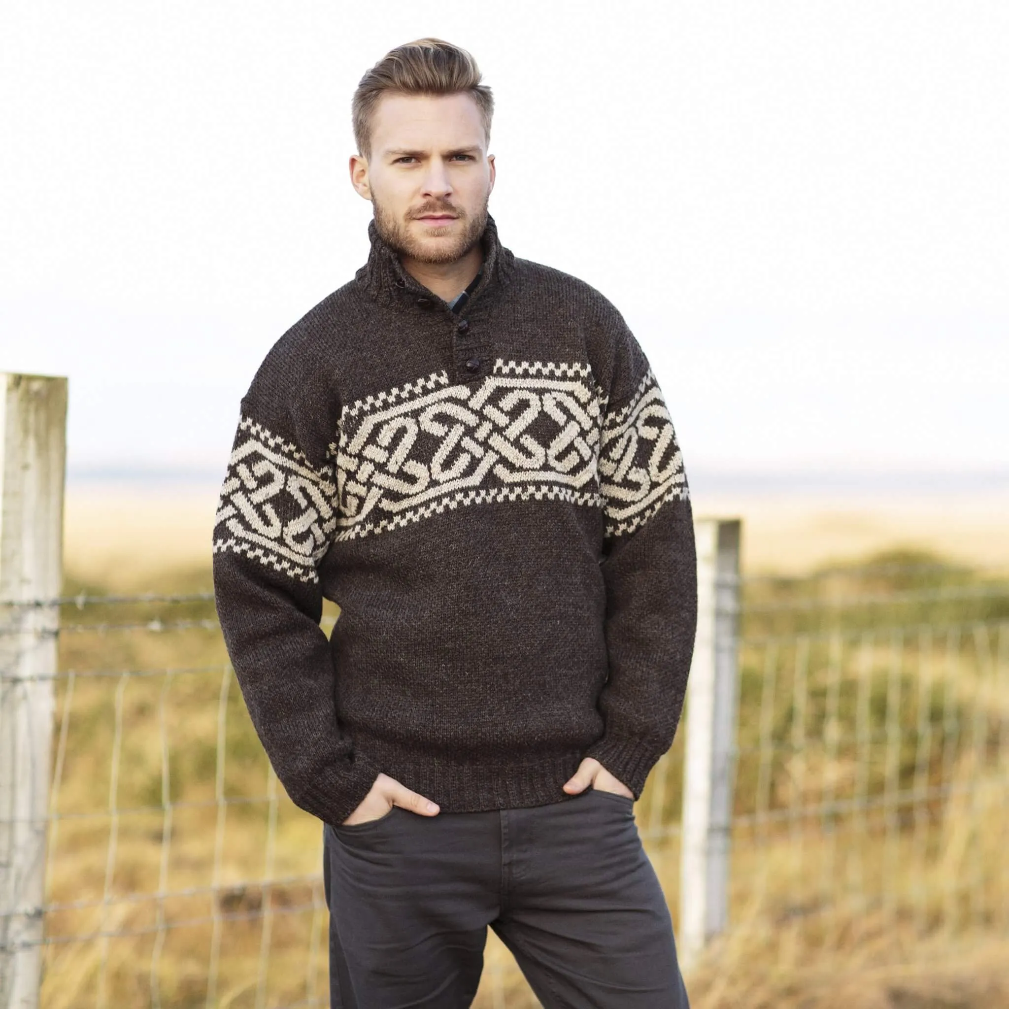 Rugged Irish Wool Sweater with Button Collar