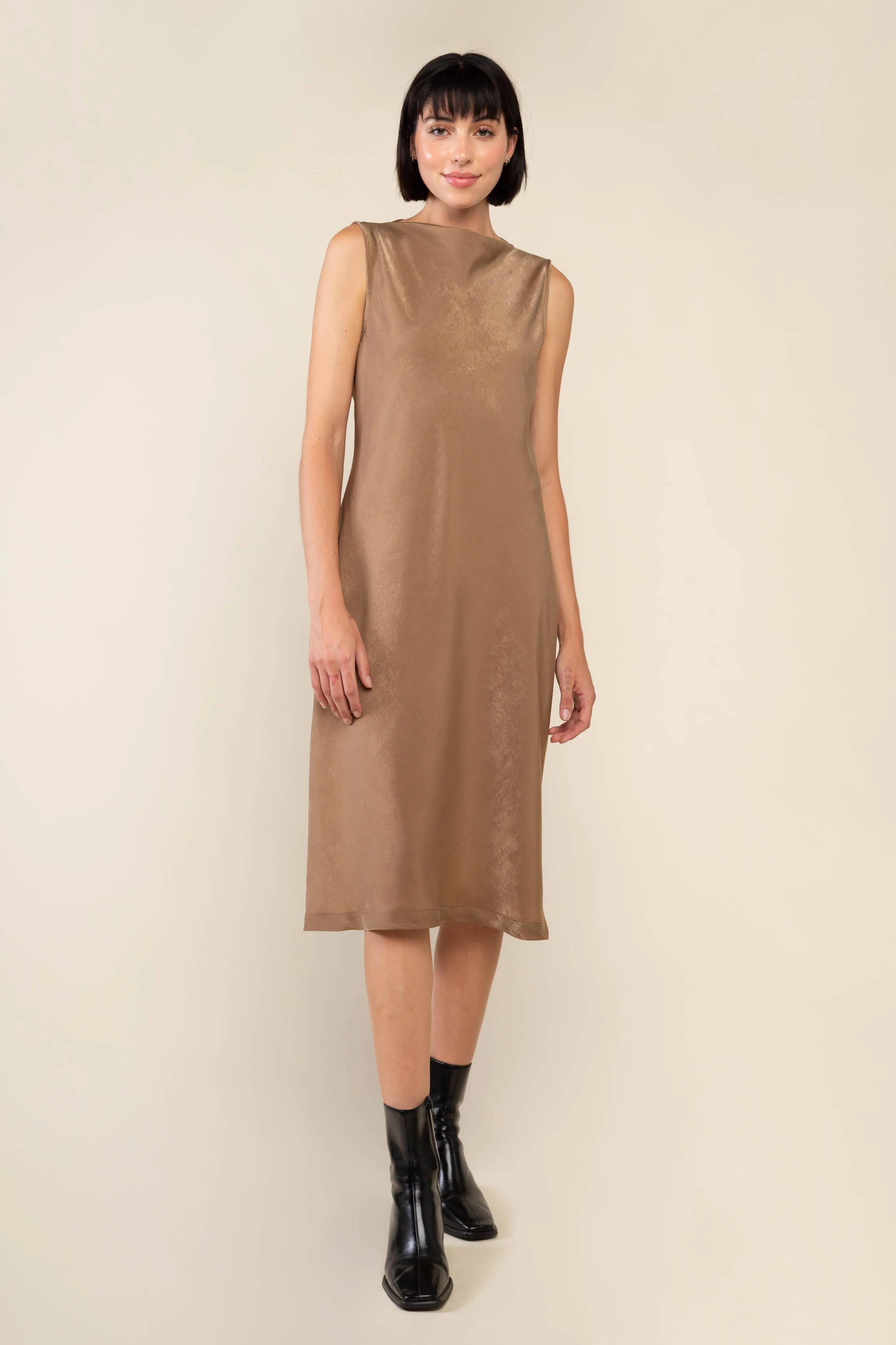 sabrina bias satin boat neck dress