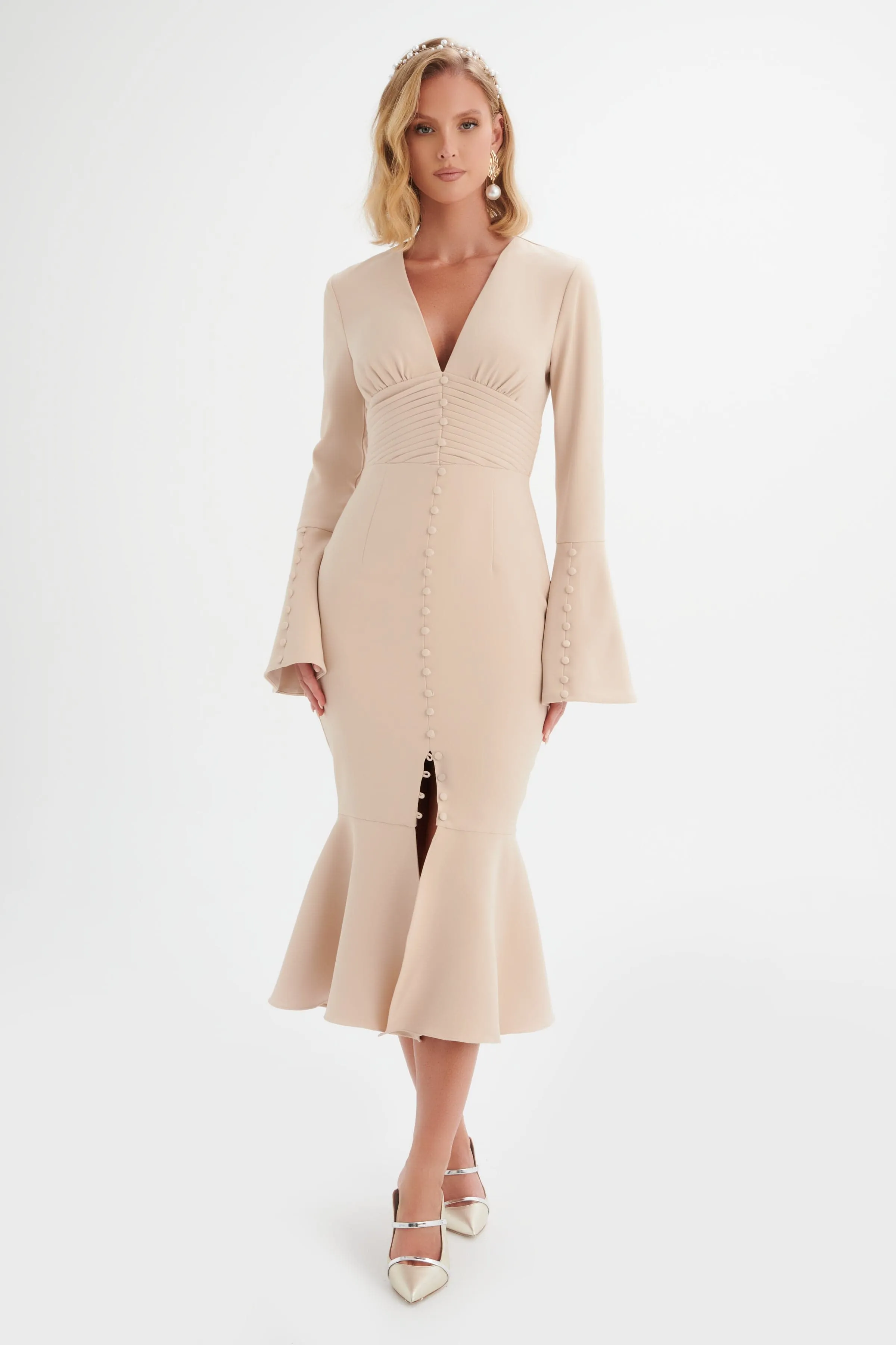 SALMA Fluted Sleeve Longline Fishtail Midi Dress In Beige