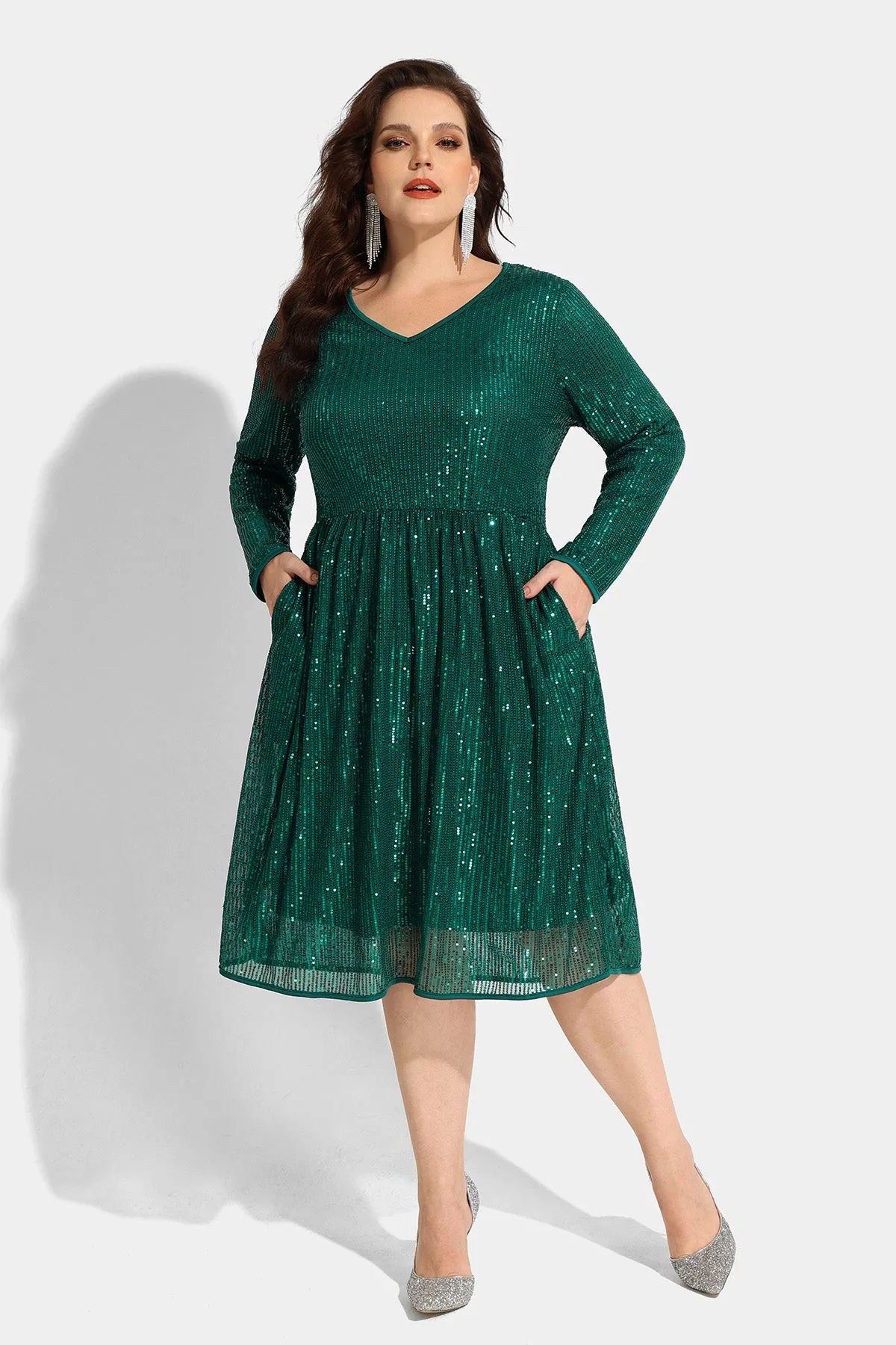 Sequin Glitter Sparkle Mesh Hollow Out Pocket Midi Dress