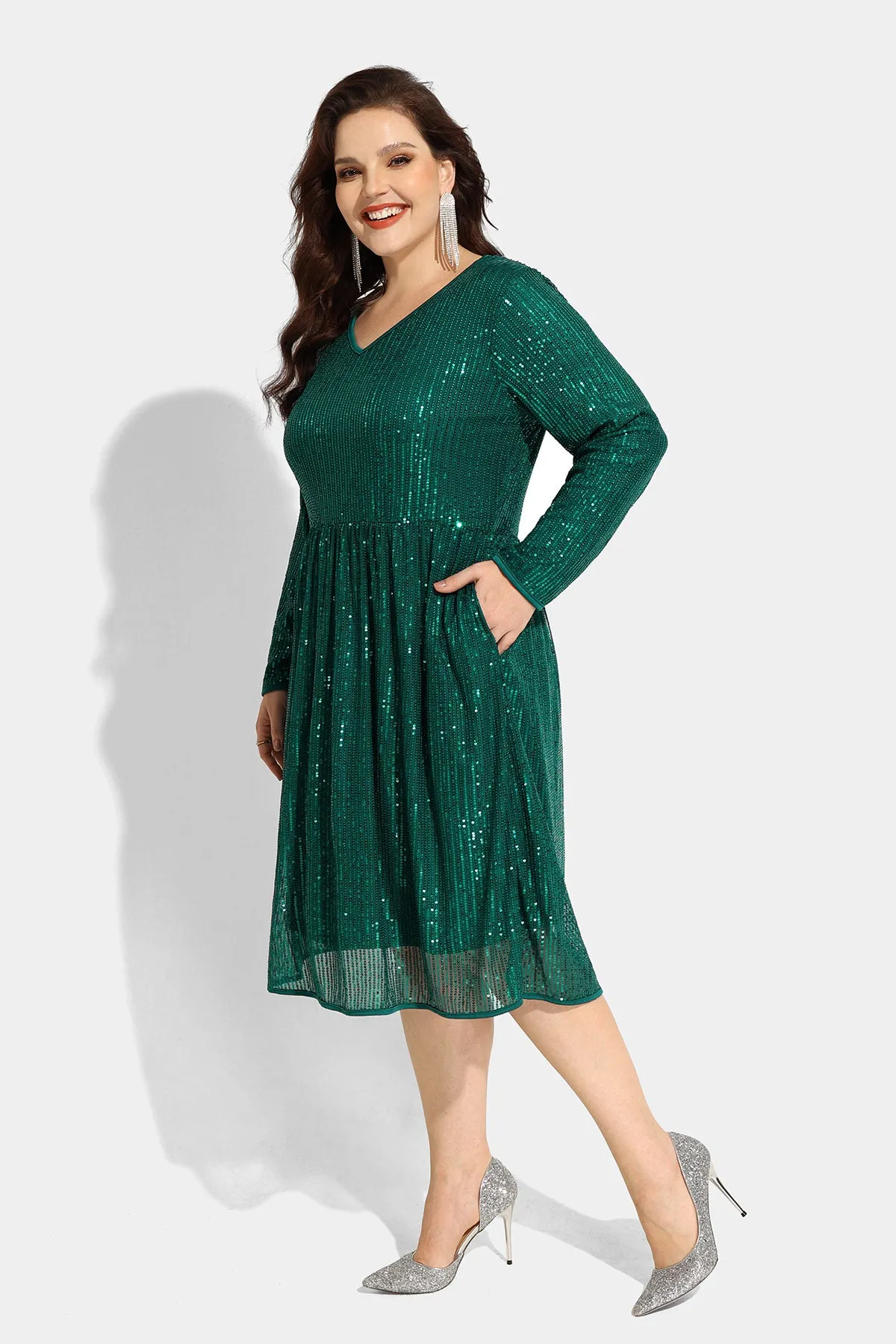 Sequin Glitter Sparkle Mesh Hollow Out Pocket Midi Dress