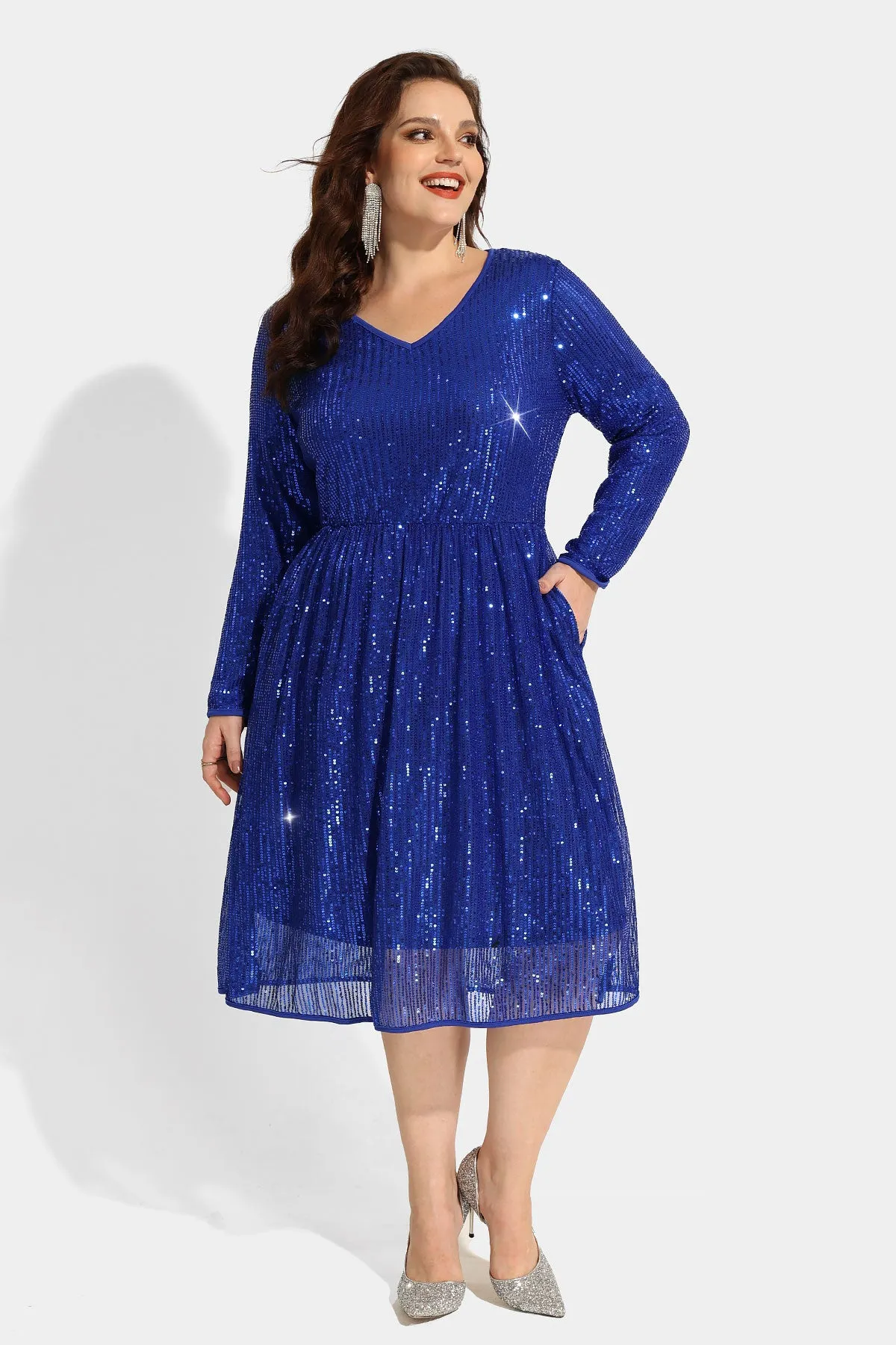 Sequin Glitter Sparkle Mesh Hollow Out Pocket Midi Dress