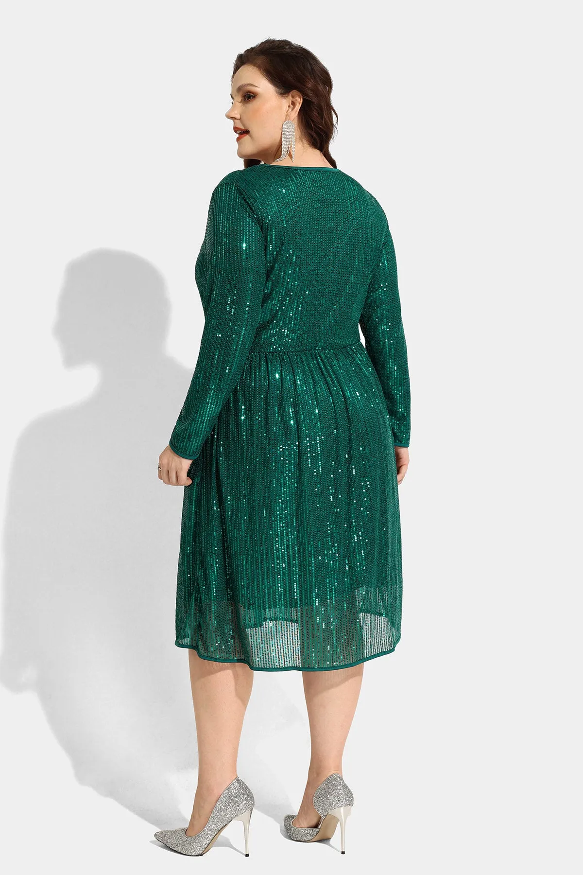 Sequin Glitter Sparkle Mesh Hollow Out Pocket Midi Dress