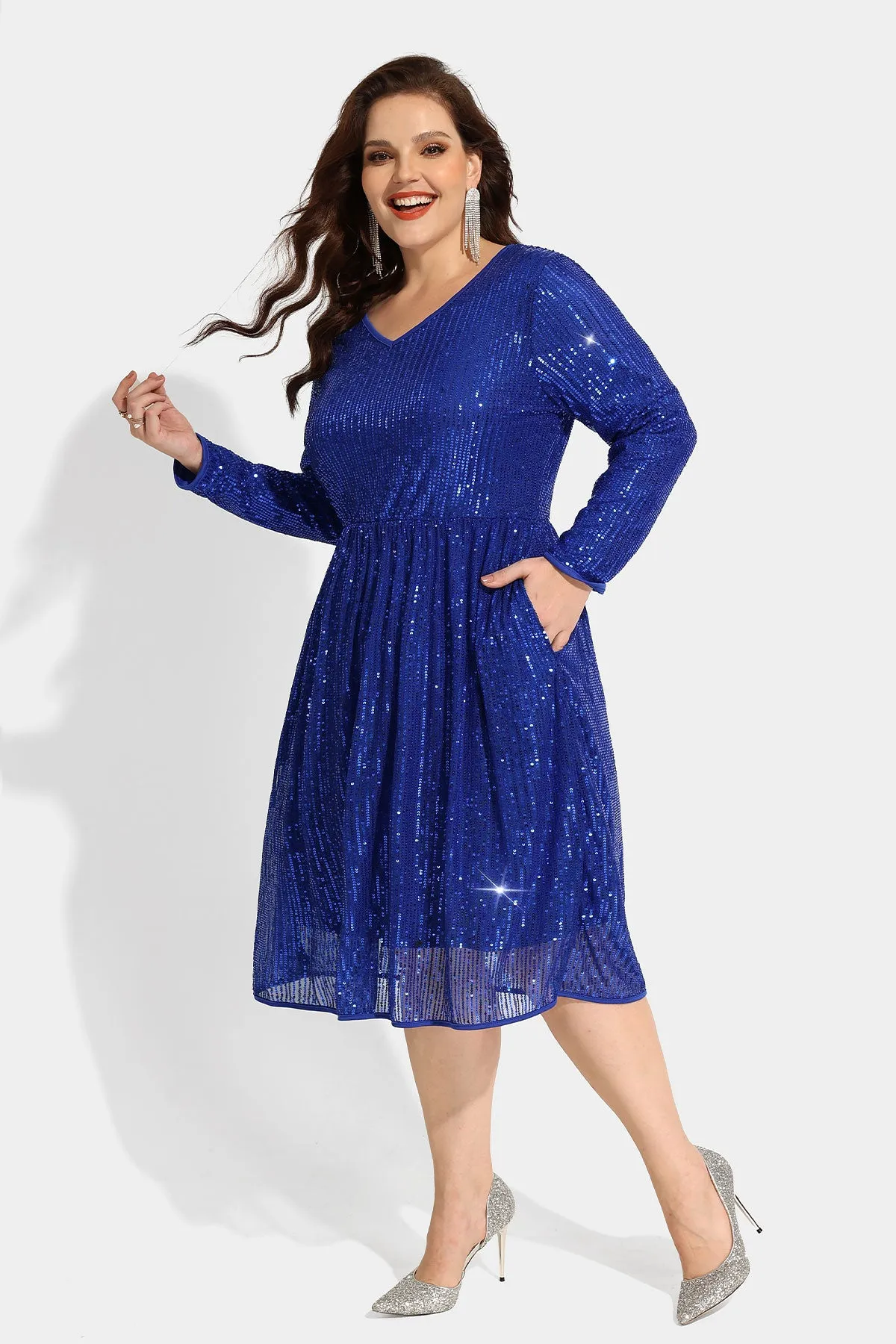 Sequin Glitter Sparkle Mesh Hollow Out Pocket Midi Dress