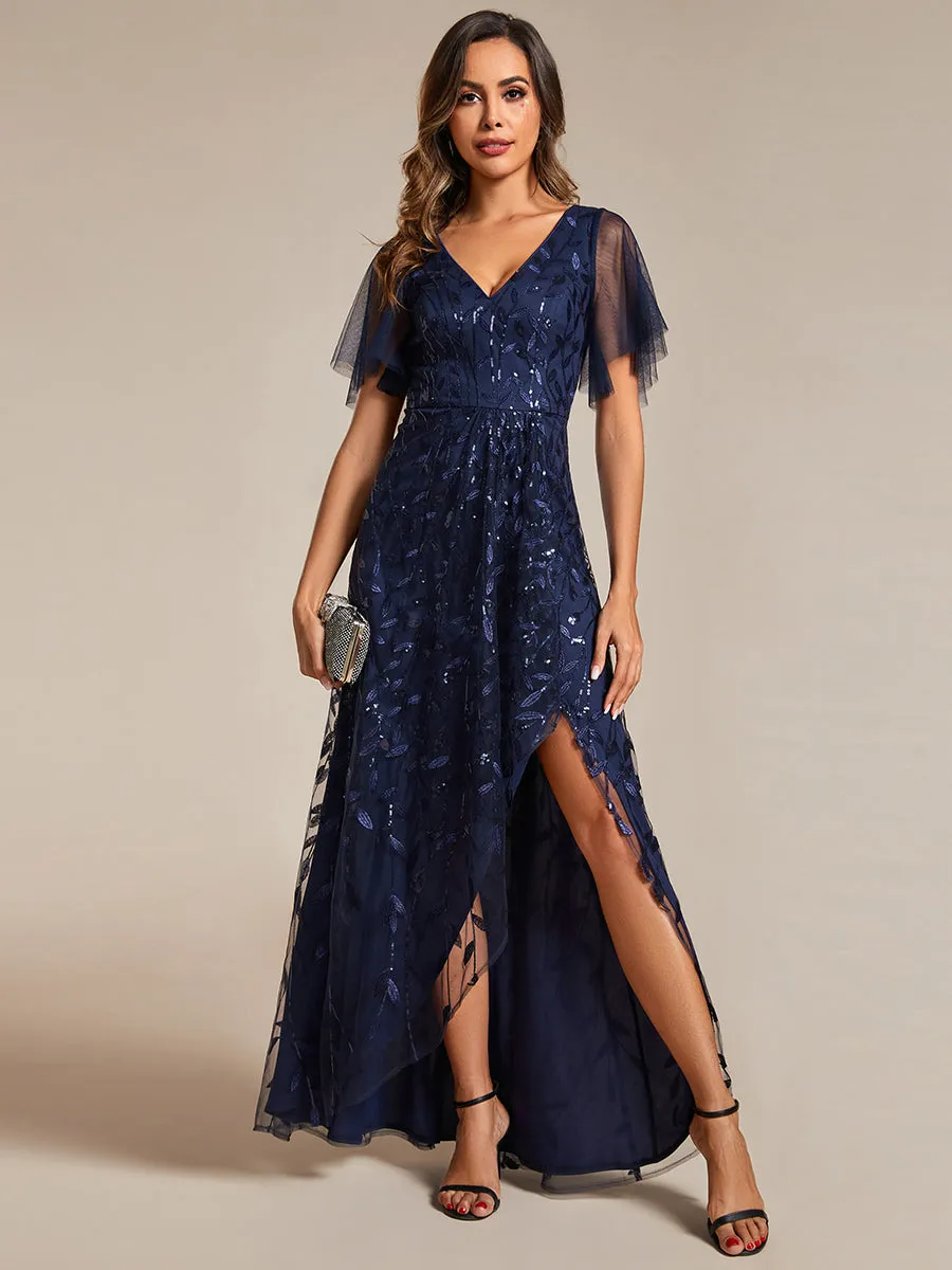 Sequin Mesh High Low V-Neck Midi Evening Dress With Short Sleeves