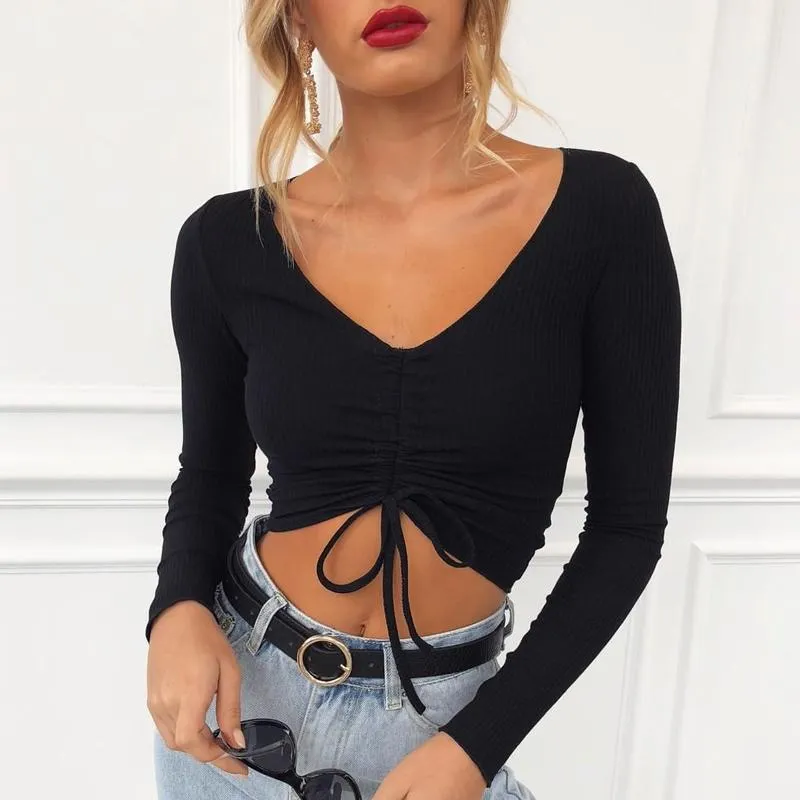 Sexy V Neck Ribbed Cropped T-shirt