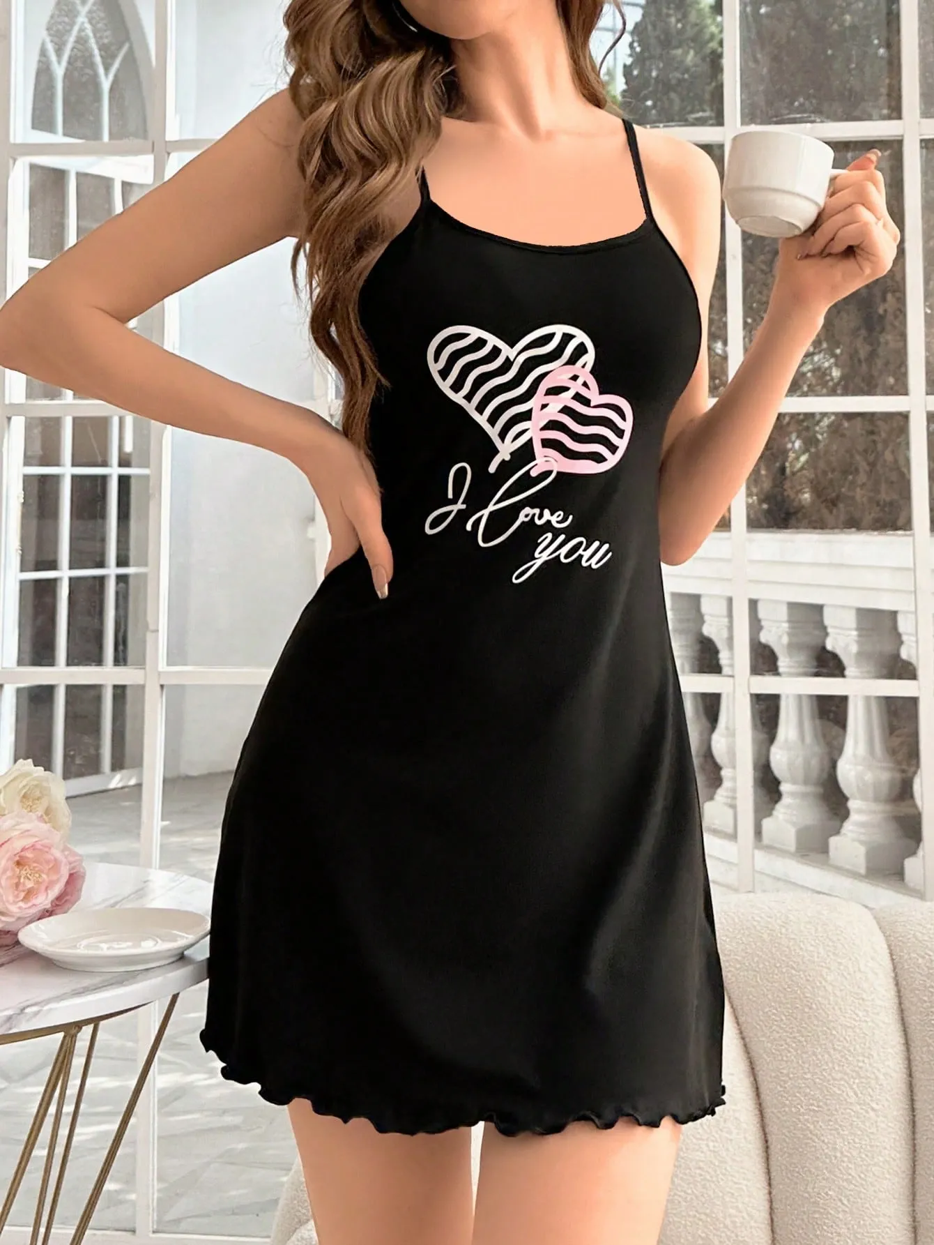 Shein CoupledUp Color Block Letter & Heart Printed Cami Sleep Dress Pajama Dress