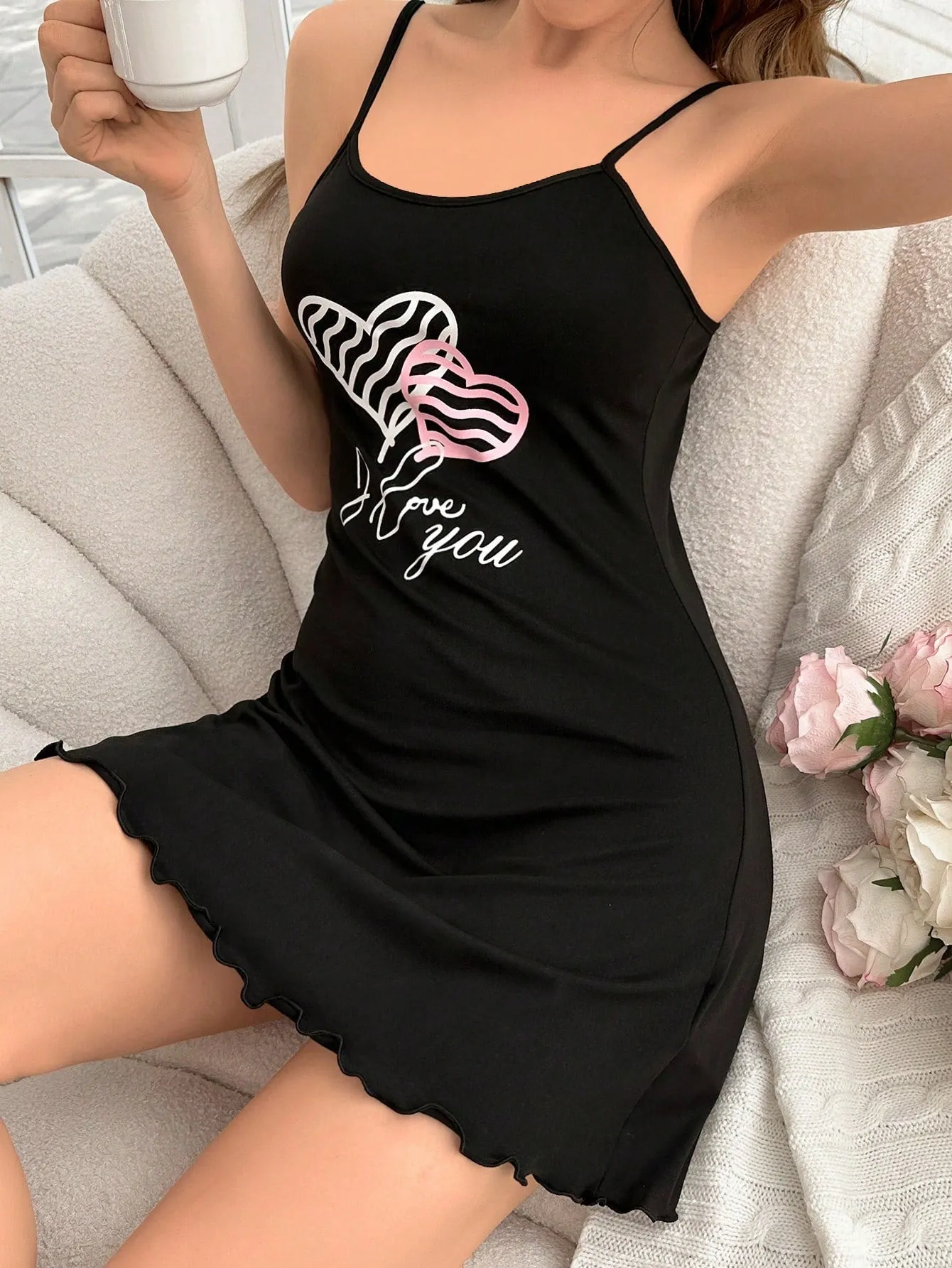 Shein CoupledUp Color Block Letter & Heart Printed Cami Sleep Dress Pajama Dress