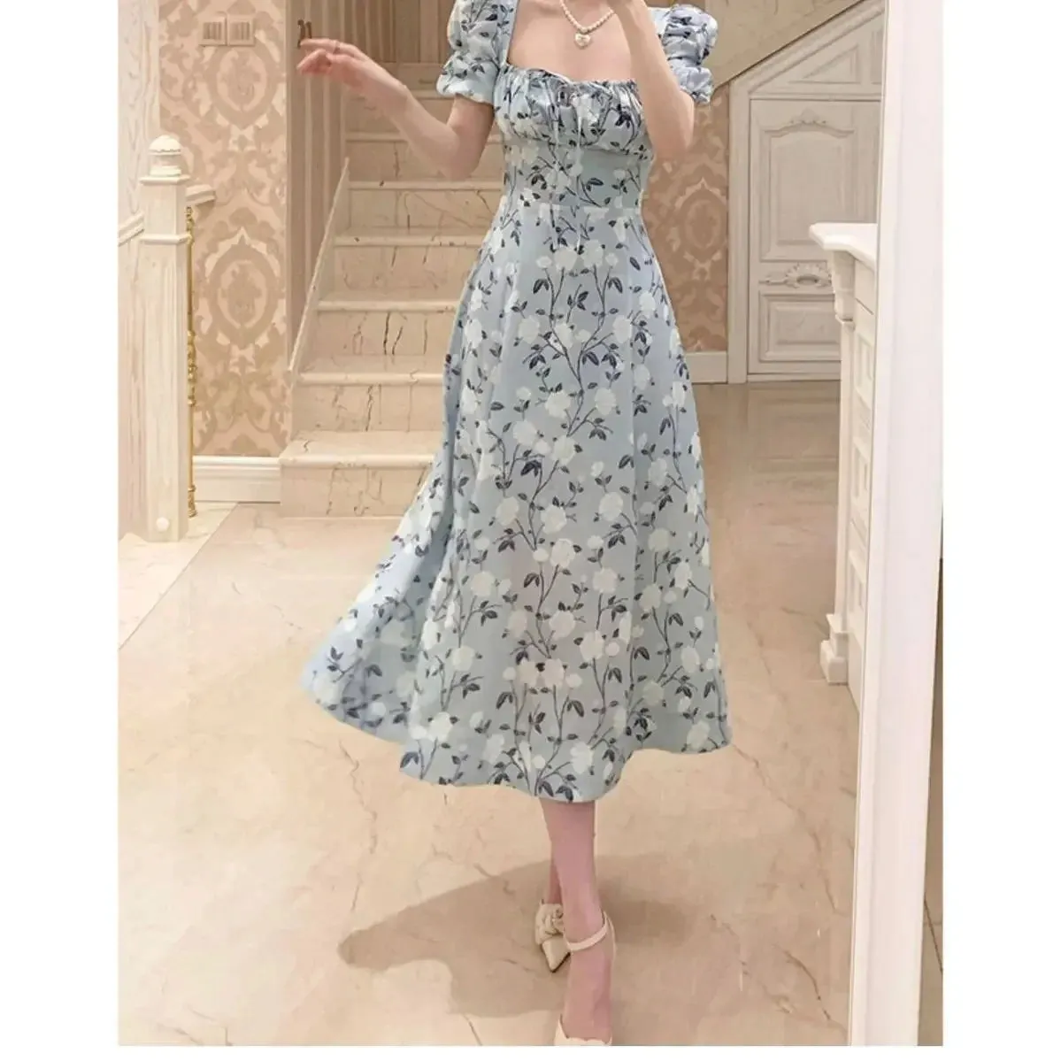 Short Sleeve Dresses A-line Chiffon Midi Floral Print Gentle Elegant Defined Waist Empire Spring Summer Vestidos Female Chic Ins