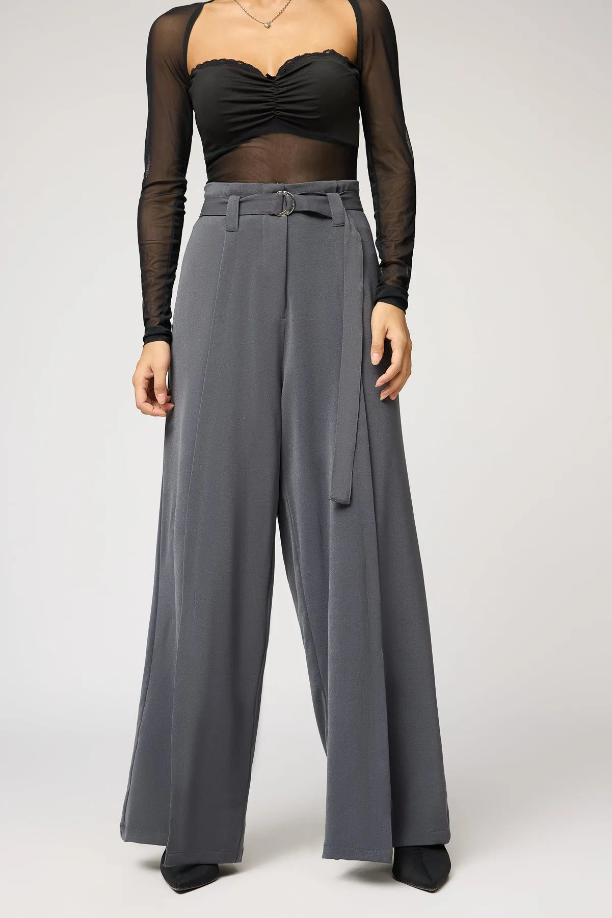 Silken Grey Belted Flared Korean Pants