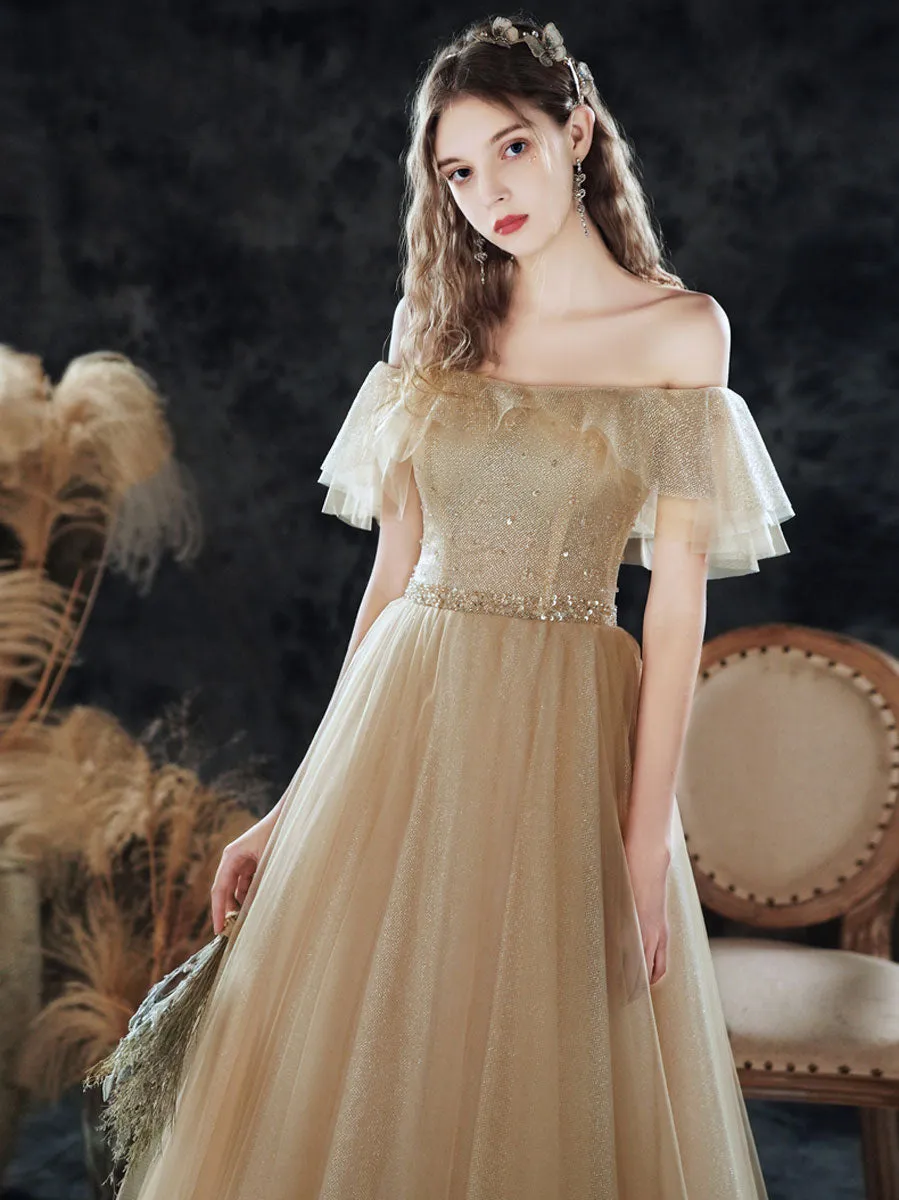 Simple Champagne Tulle Sequin Long Prom Dress, A Line Tulle Evening Dress