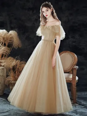 Simple Champagne Tulle Sequin Long Prom Dress, A Line Tulle Evening Dress