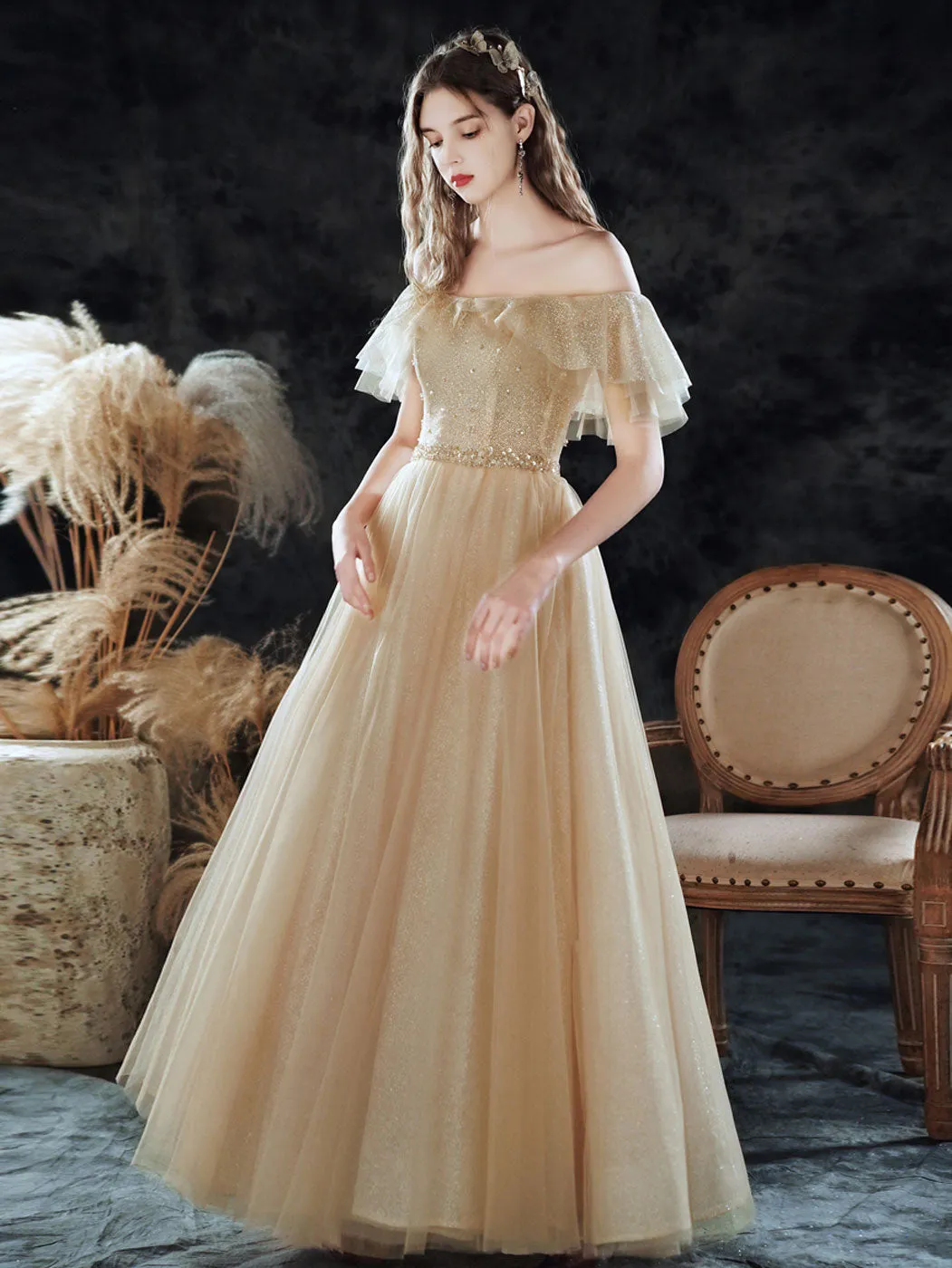 Simple Champagne Tulle Sequin Long Prom Dress, A Line Tulle Evening Dress