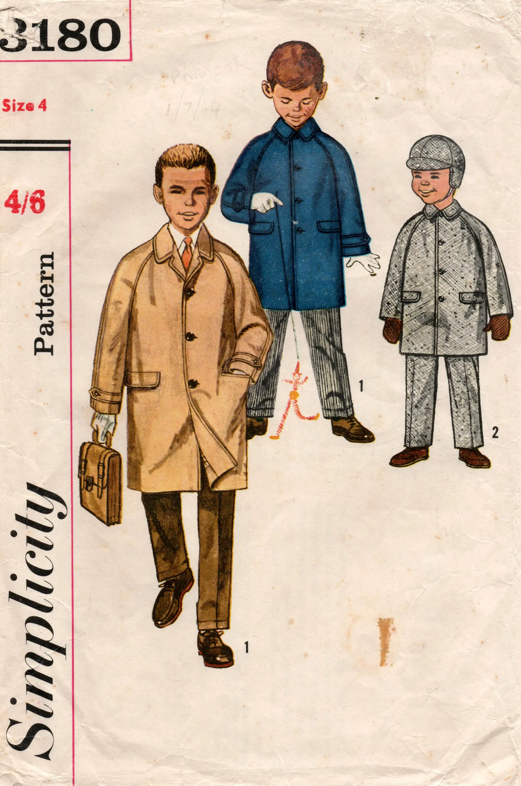 Simplicity 3180 Toddler Boys Overcoat Suspender Pants & Hat 1950s Vintage Sewing Pattern Size 4