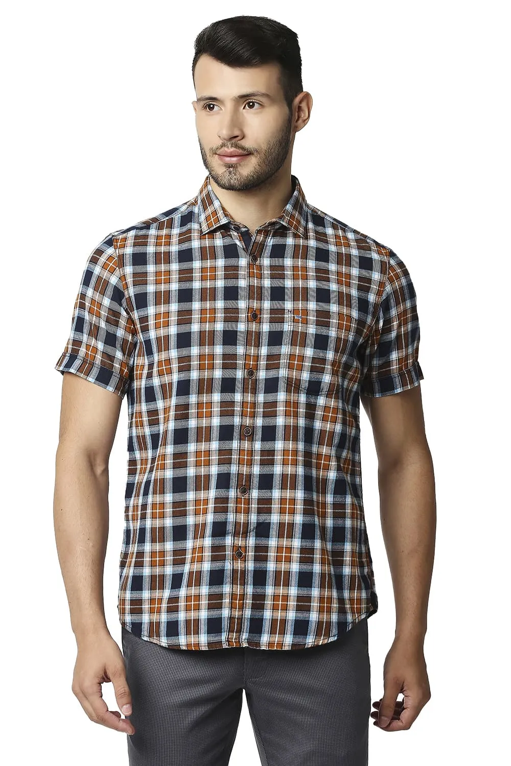 Slim Fit Brushed Twill Checks Halfsleeves Shirt