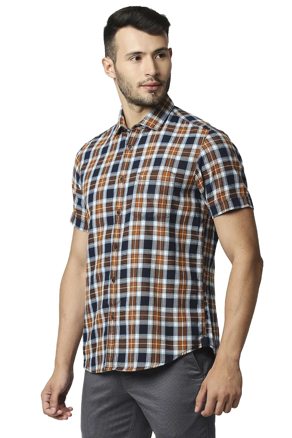 Slim Fit Brushed Twill Checks Halfsleeves Shirt