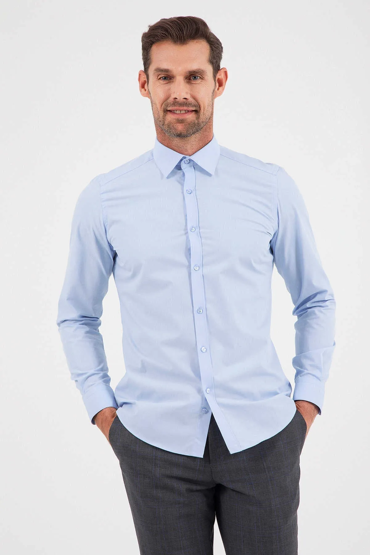 Slim Fit Long Sleeve Cotton Blend Light Blue Dress Shirt