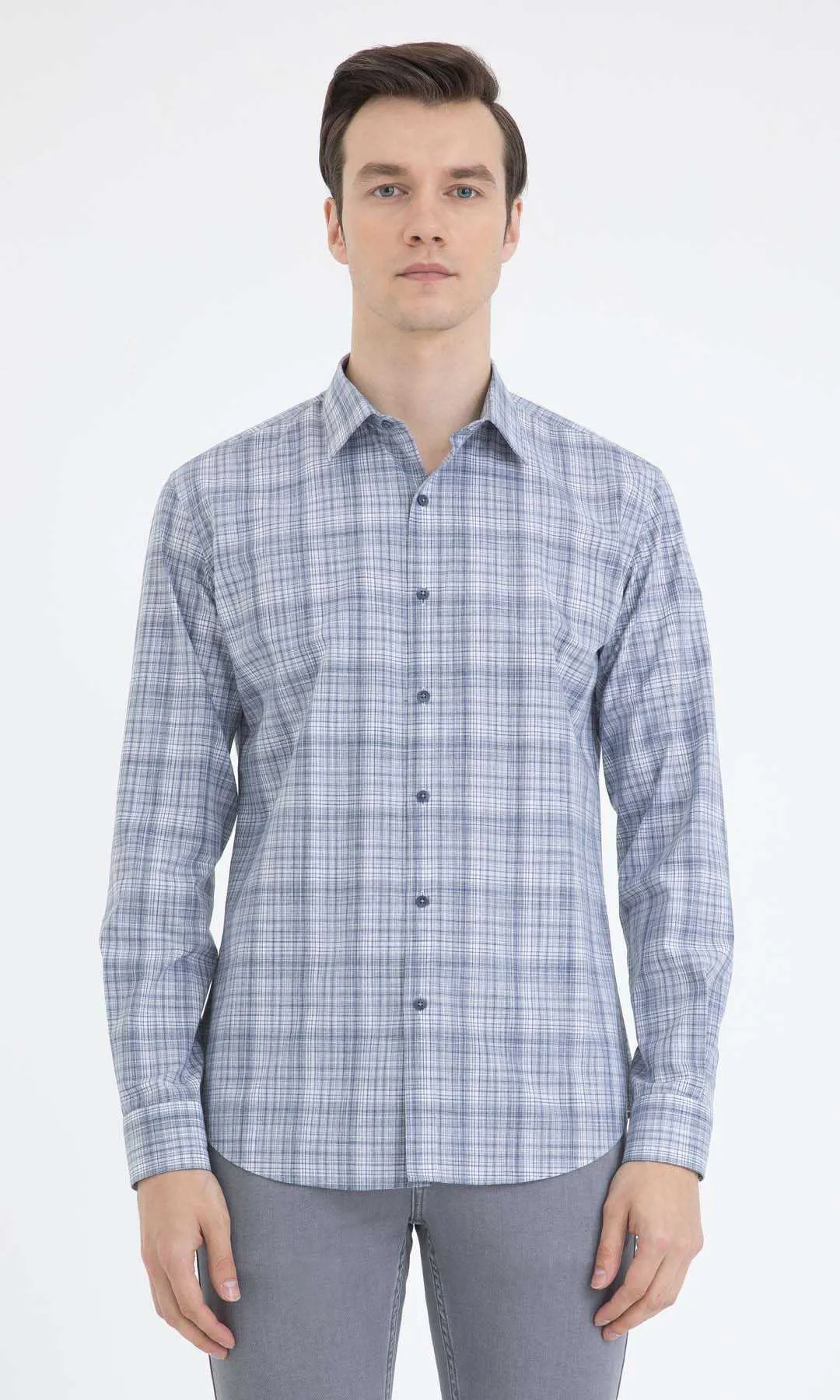 Slim Fit Patterned Cotton Casual Shirt, Navy D.