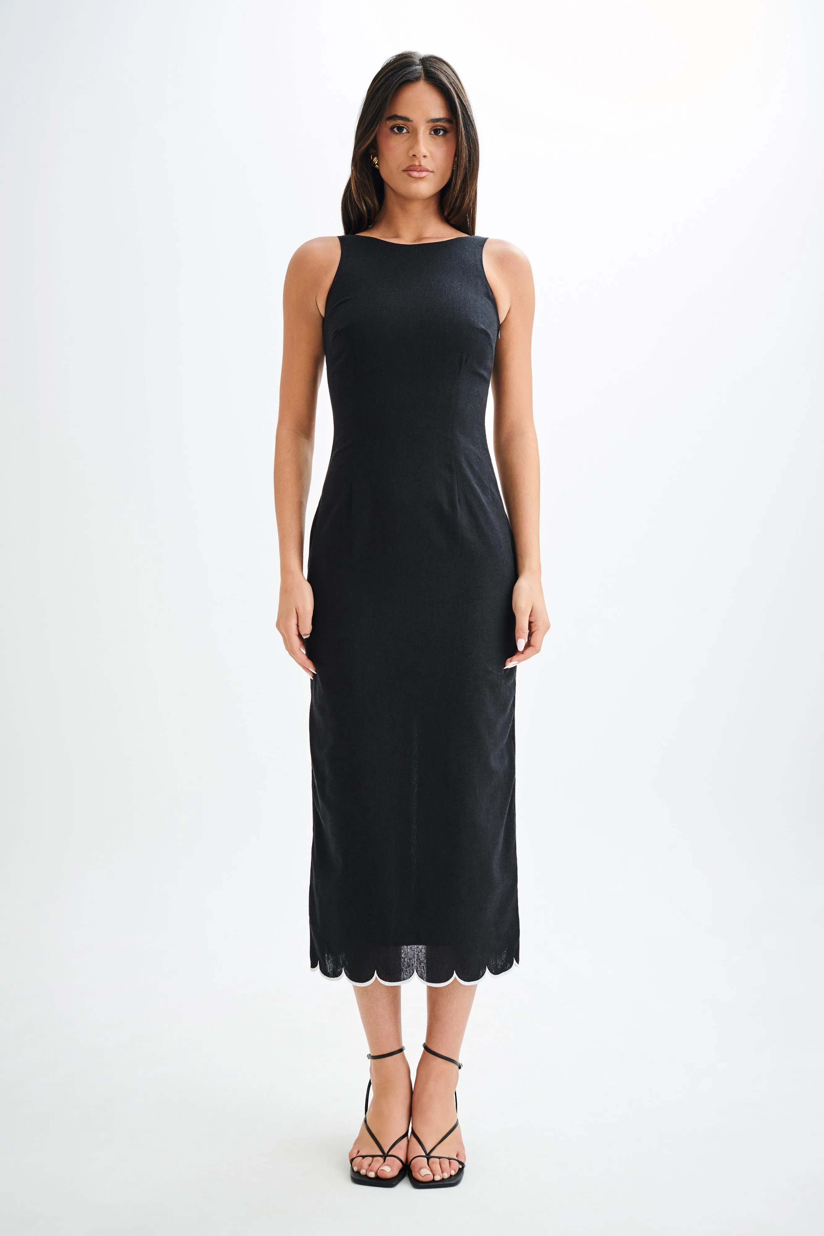 Sofiane Scalloped Linen Midi Dress - Black