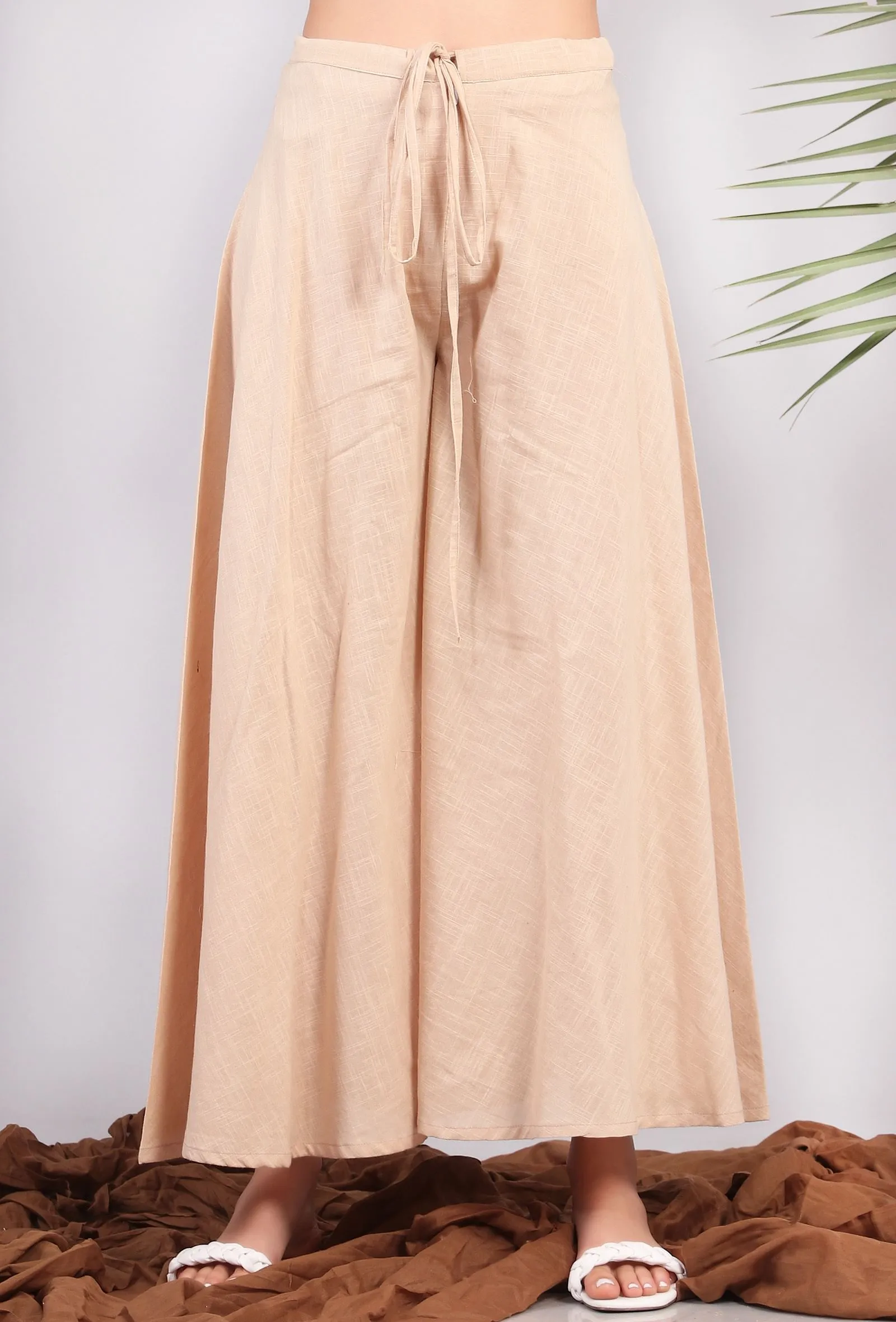 Solid Beige Flared Palazzo Pants