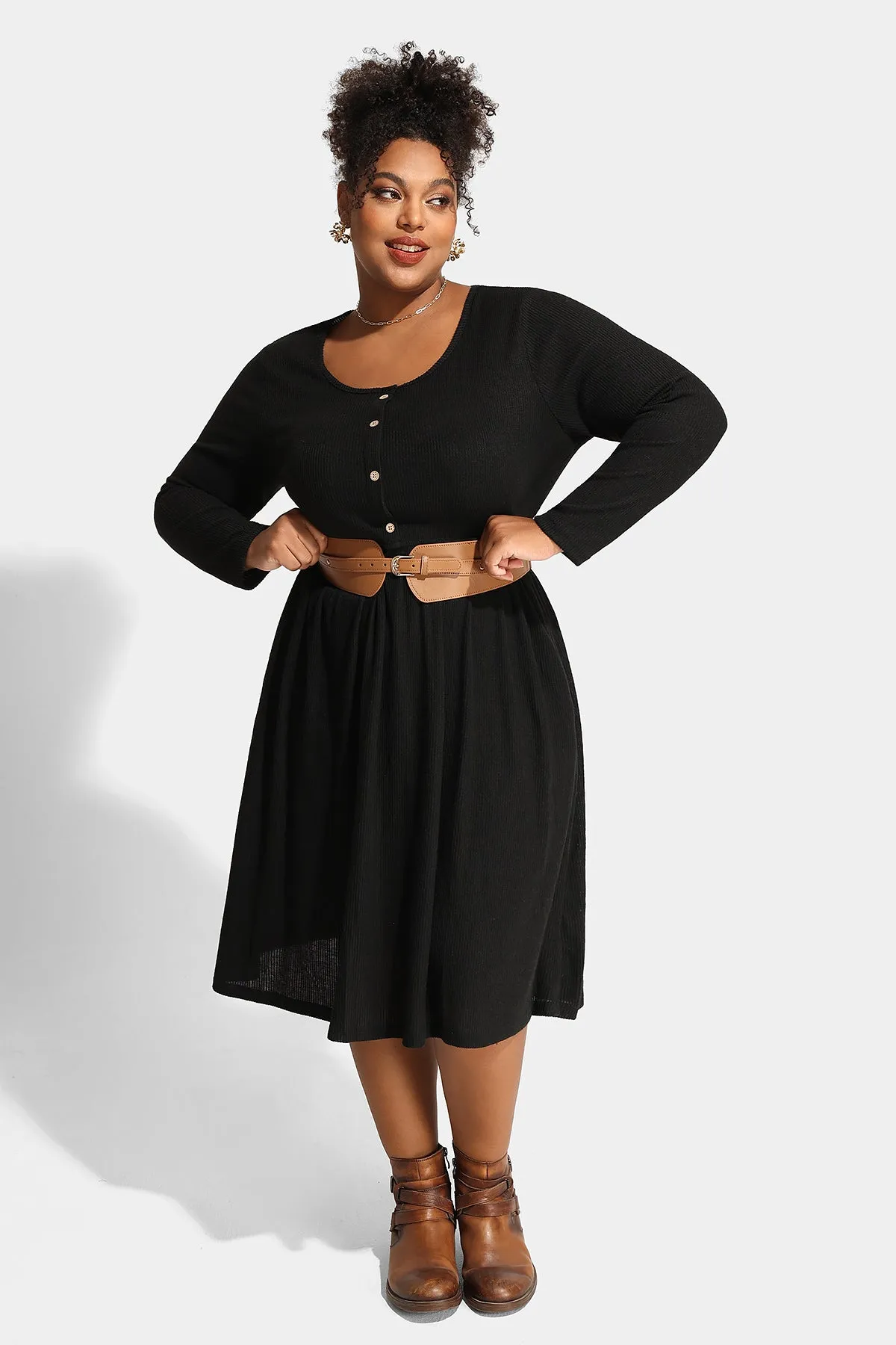 Solid Button Up A-line Pockets Midi Dress