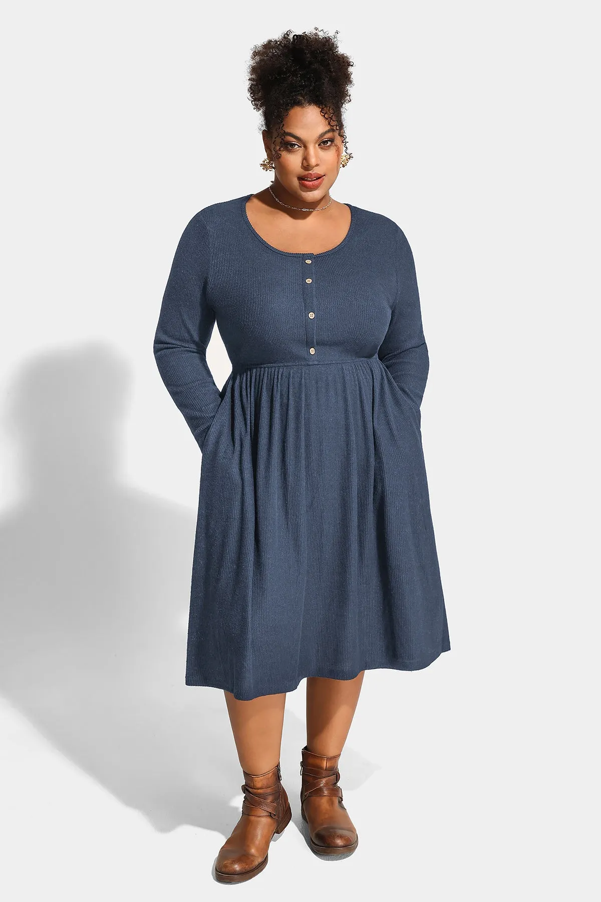 Solid Button Up A-line Pockets Midi Dress