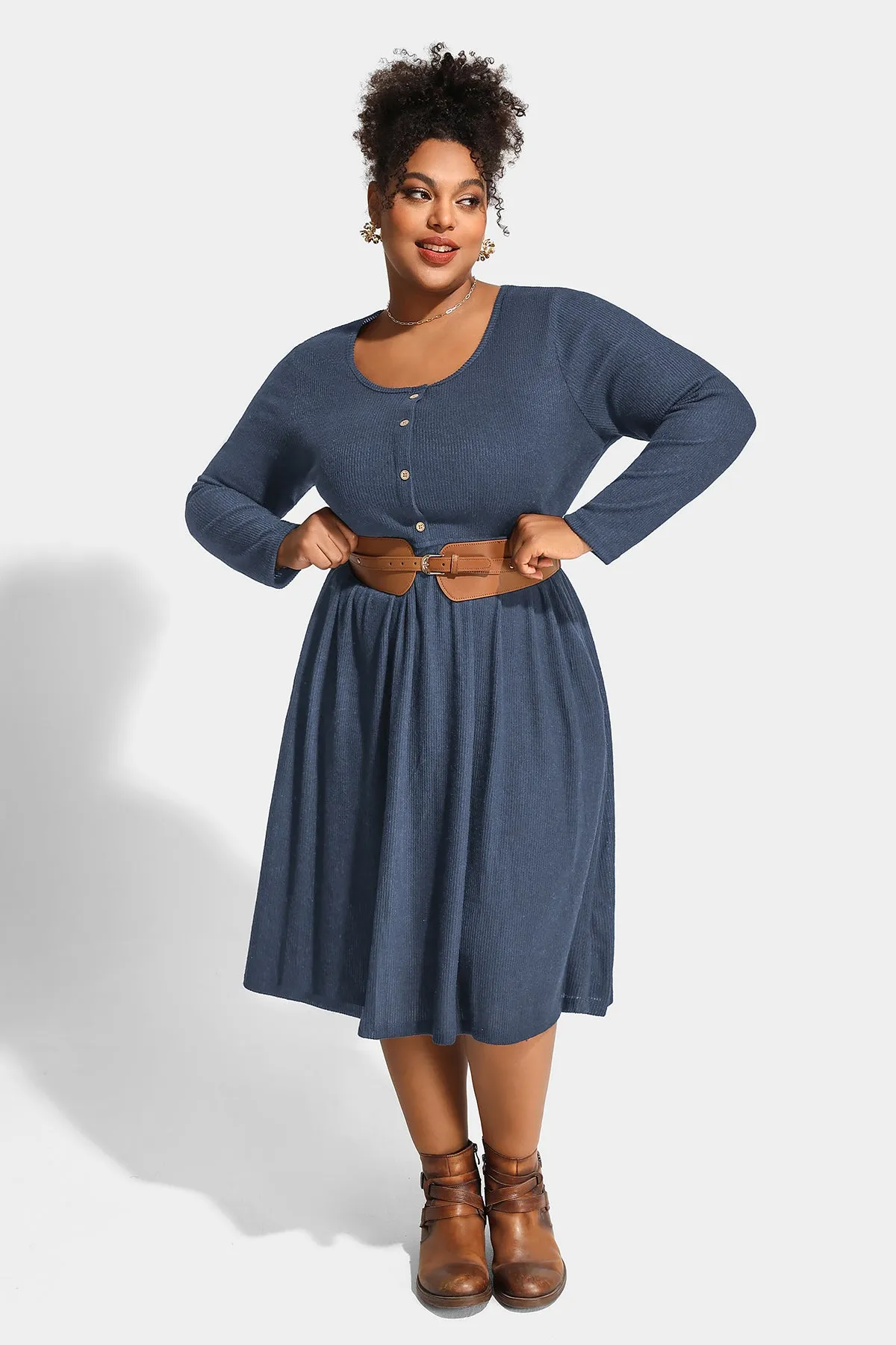 Solid Button Up A-line Pockets Midi Dress