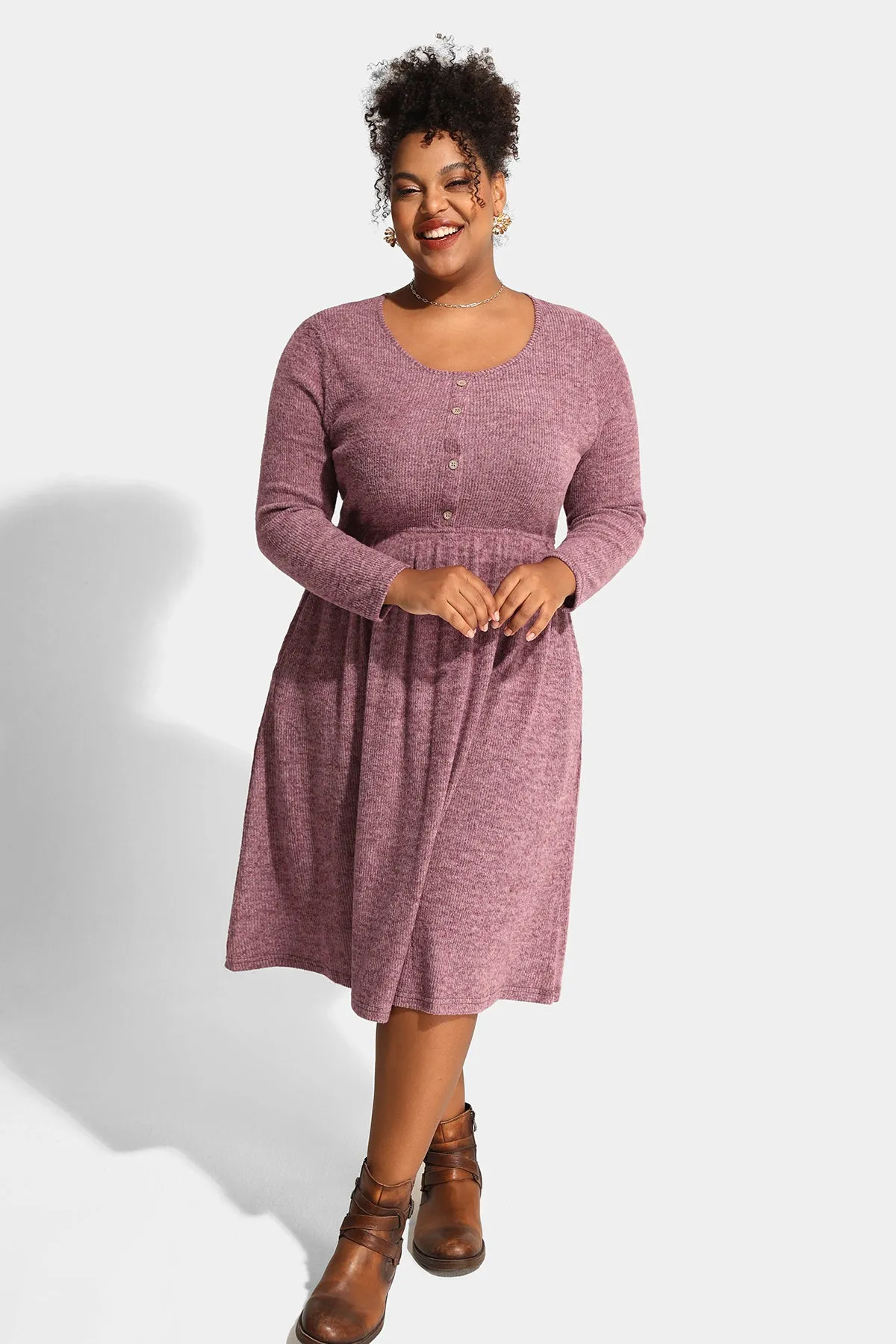 Solid Button Up A-line Pockets Midi Dress