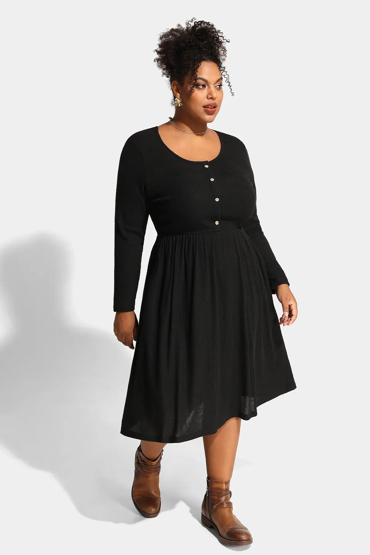 Solid Button Up A-line Pockets Midi Dress