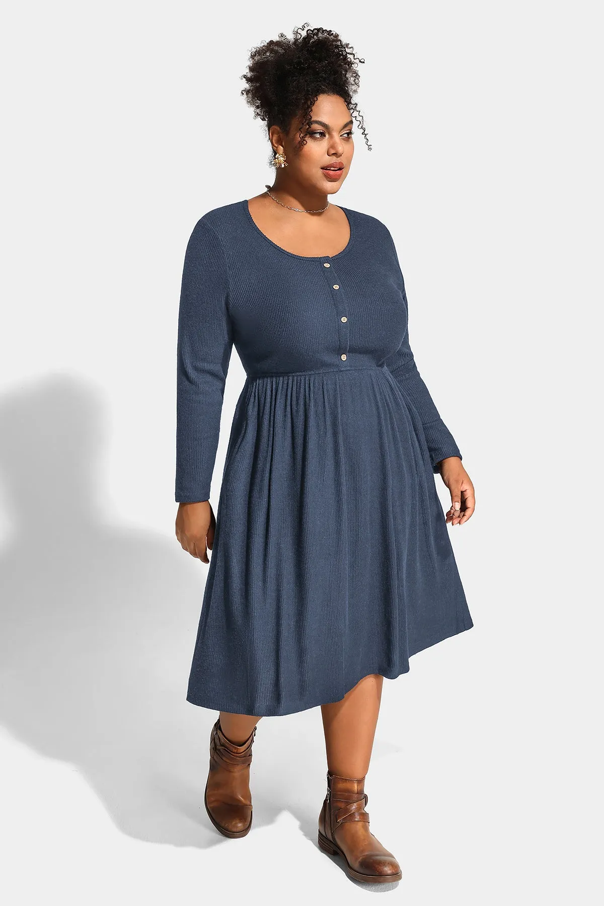 Solid Button Up A-line Pockets Midi Dress