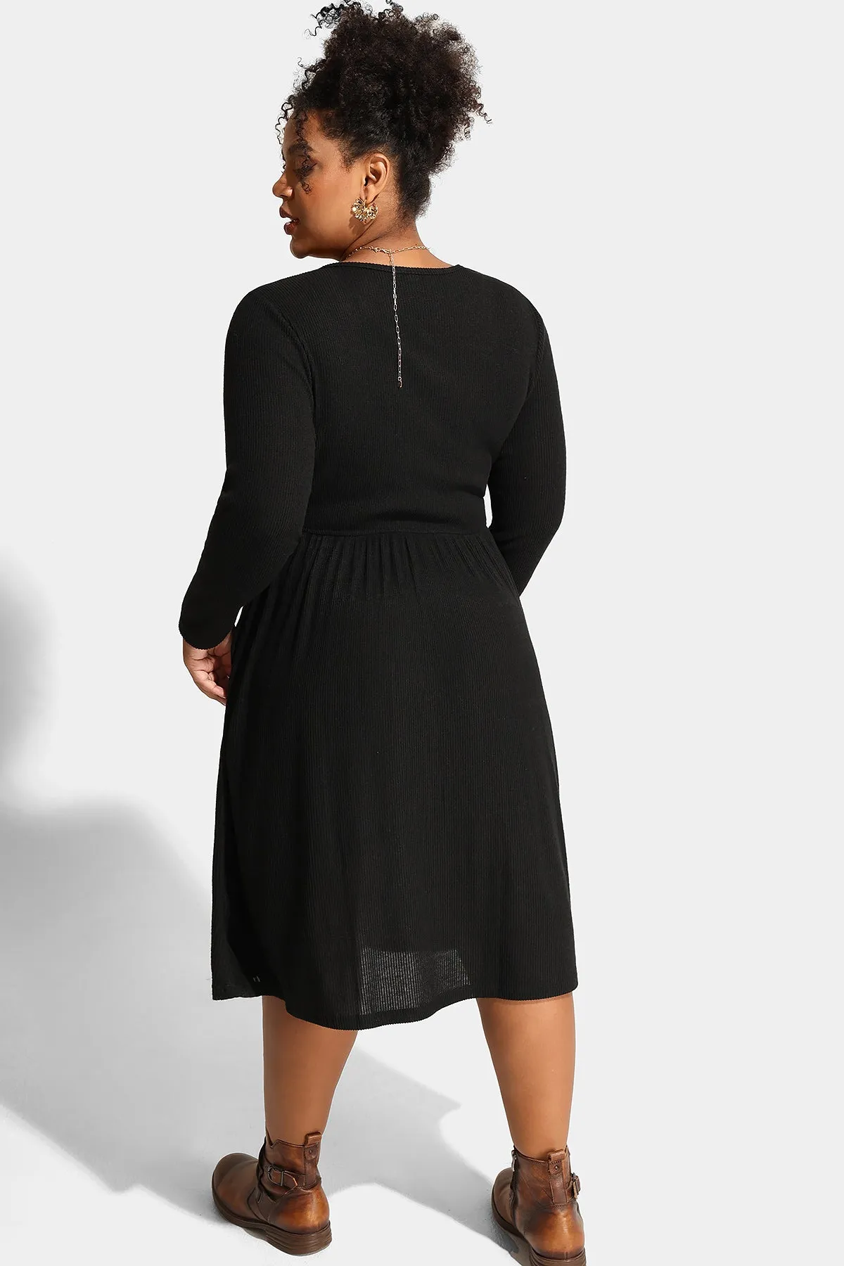 Solid Button Up A-line Pockets Midi Dress