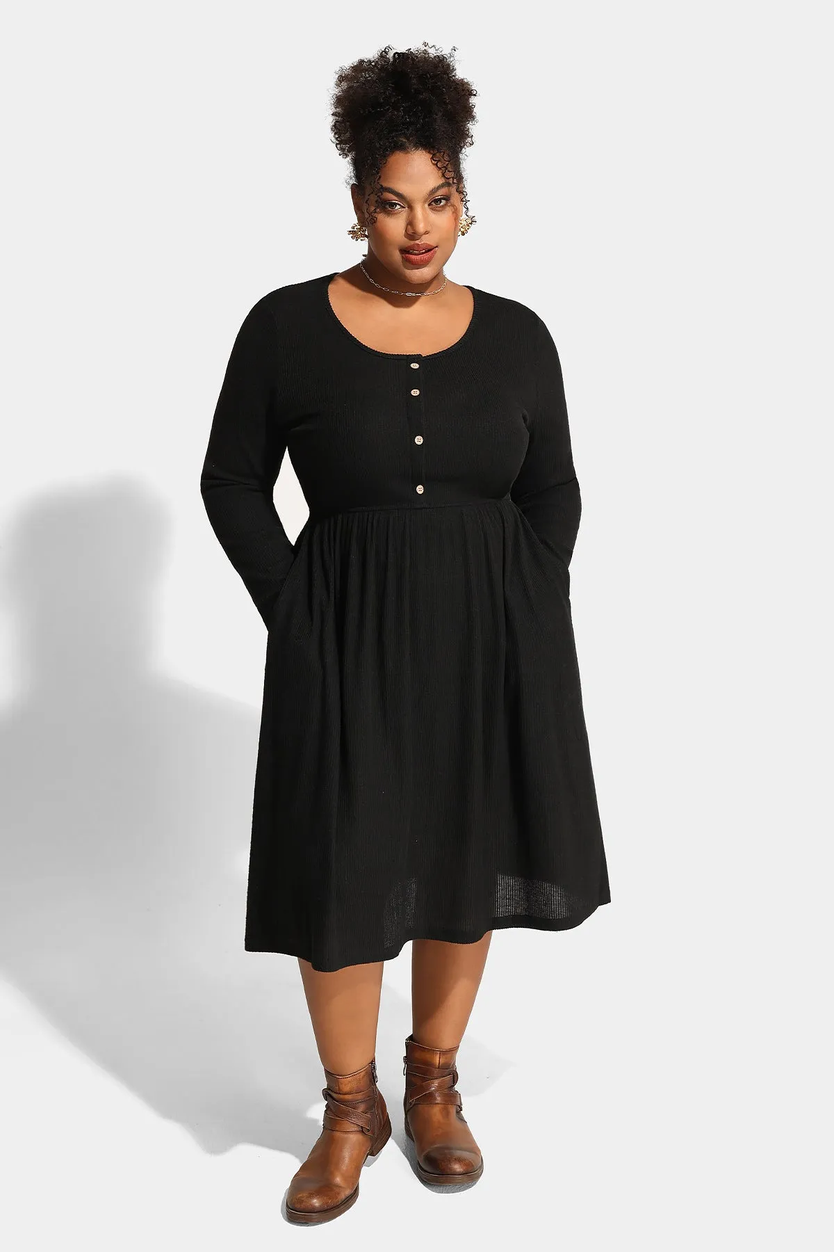 Solid Button Up A-line Pockets Midi Dress