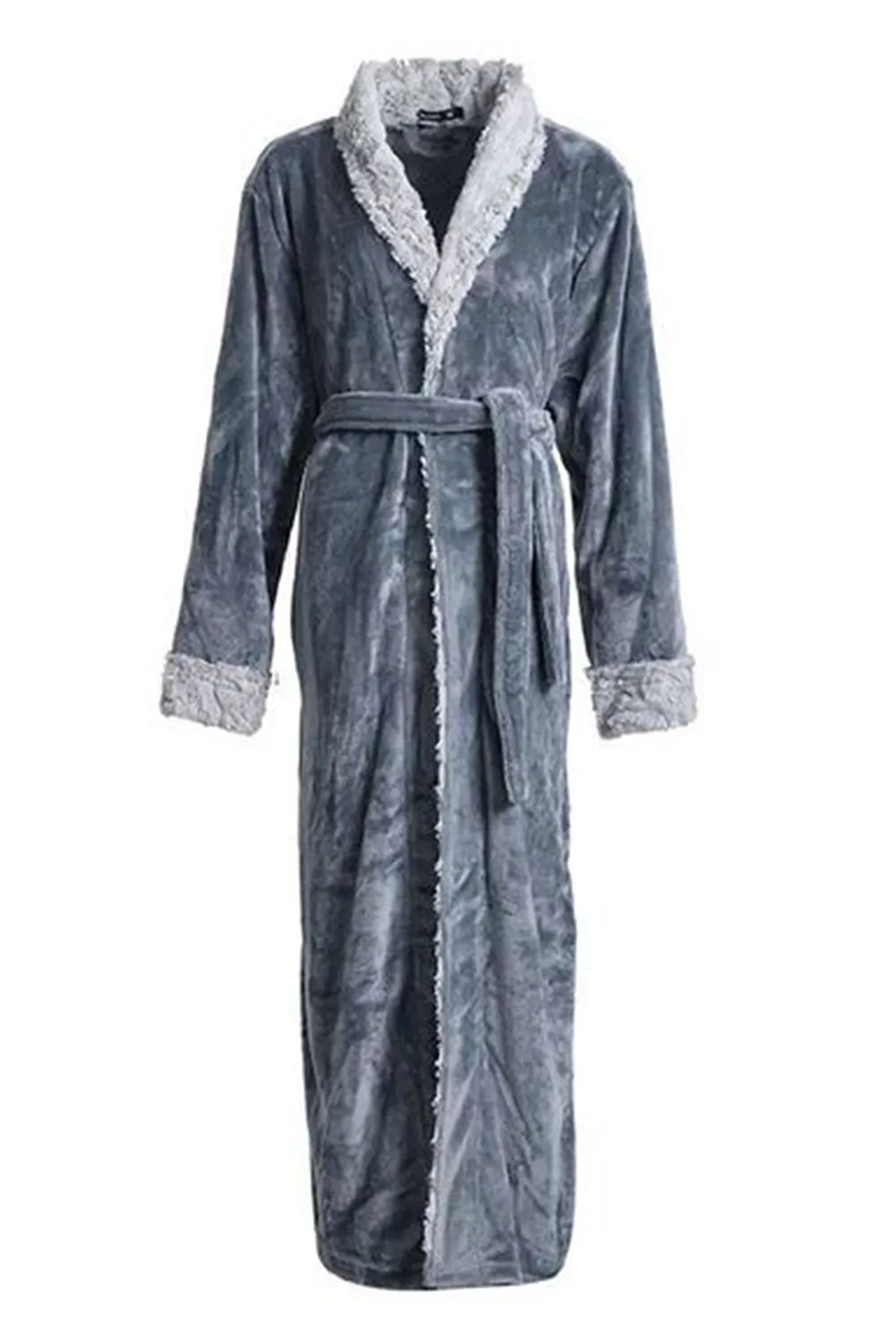 Solid Color Long Sleeve Flannel Thermal Robe Loungewear Bathrobe With Belt