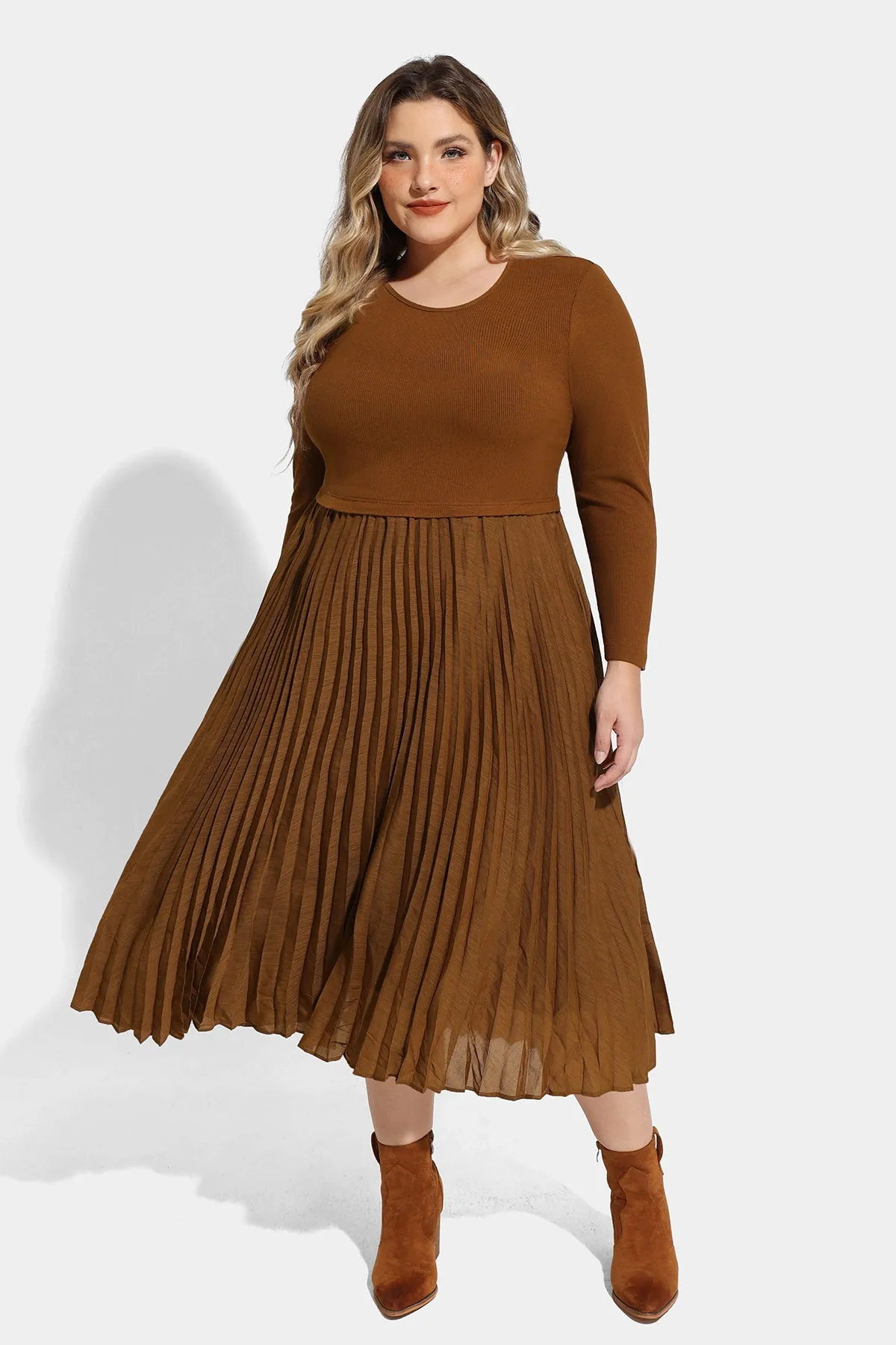 Solid Mesh Crew Neck Pleated Midi Dress