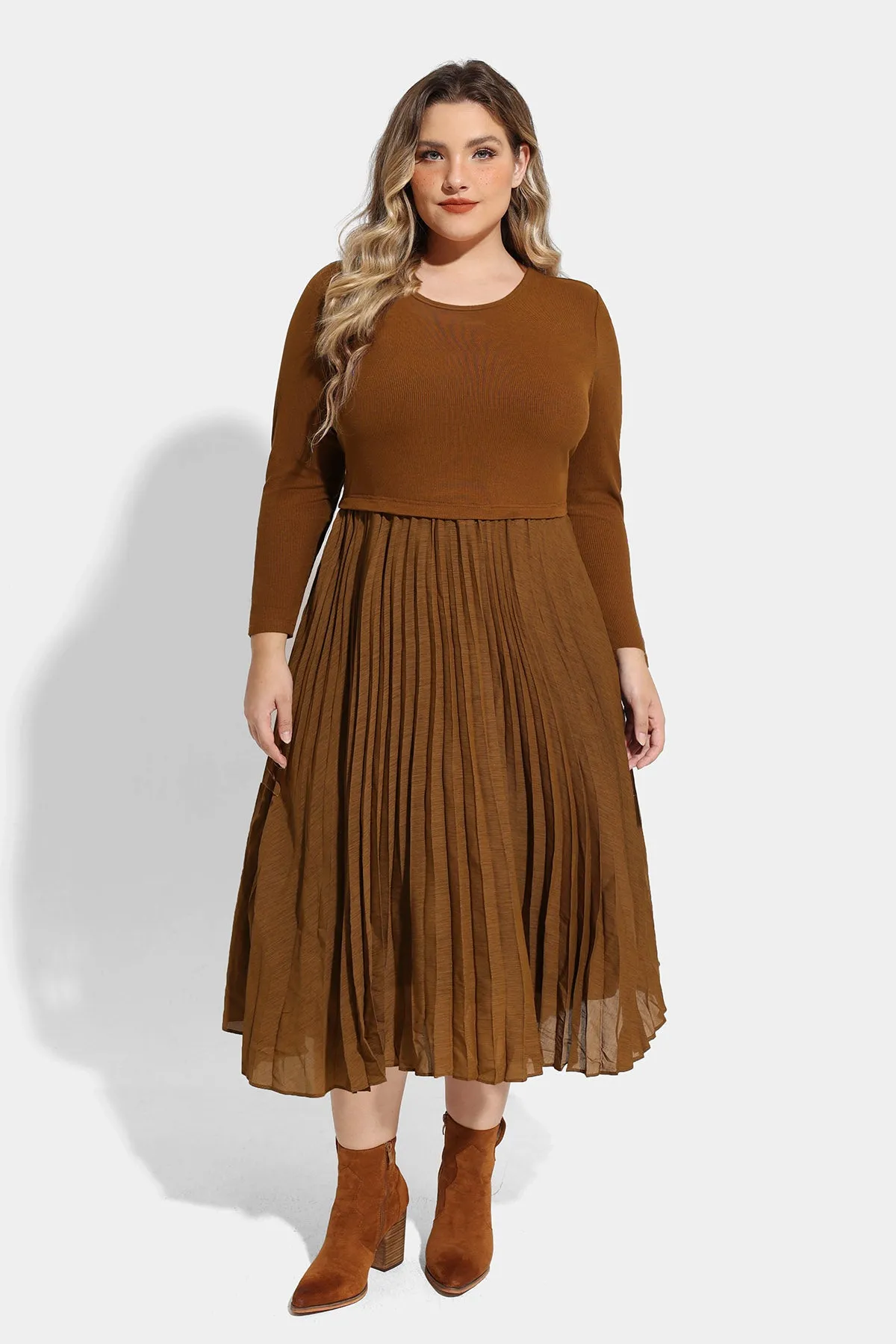 Solid Mesh Crew Neck Pleated Midi Dress