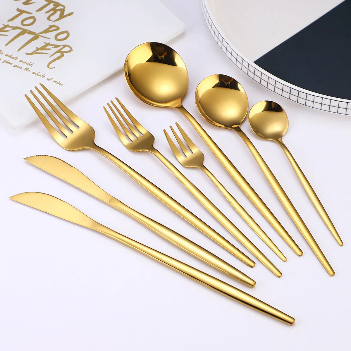 Stainless Steel Dessert Knife Fork and Spoon 8-Piece Set Portuguese Tableware Golden Set Creative Western Food Steak Knife Fruit Fork