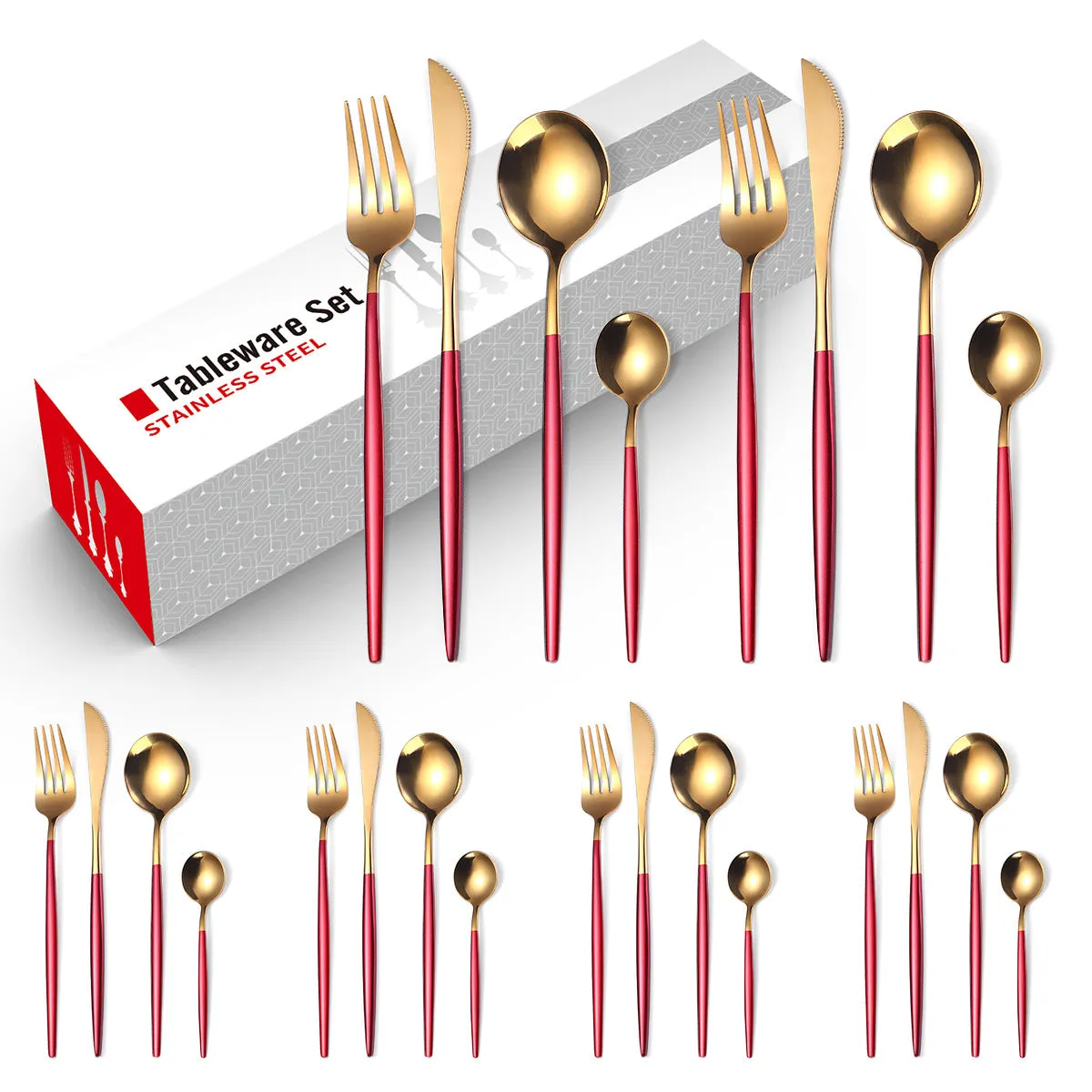 Stainless Steel Knife and Forks Four-Piece Spray Paint Portuguese Tableware 24 Pieces Golden Set Creative Western Food Steak Knife, Fork and Spoon