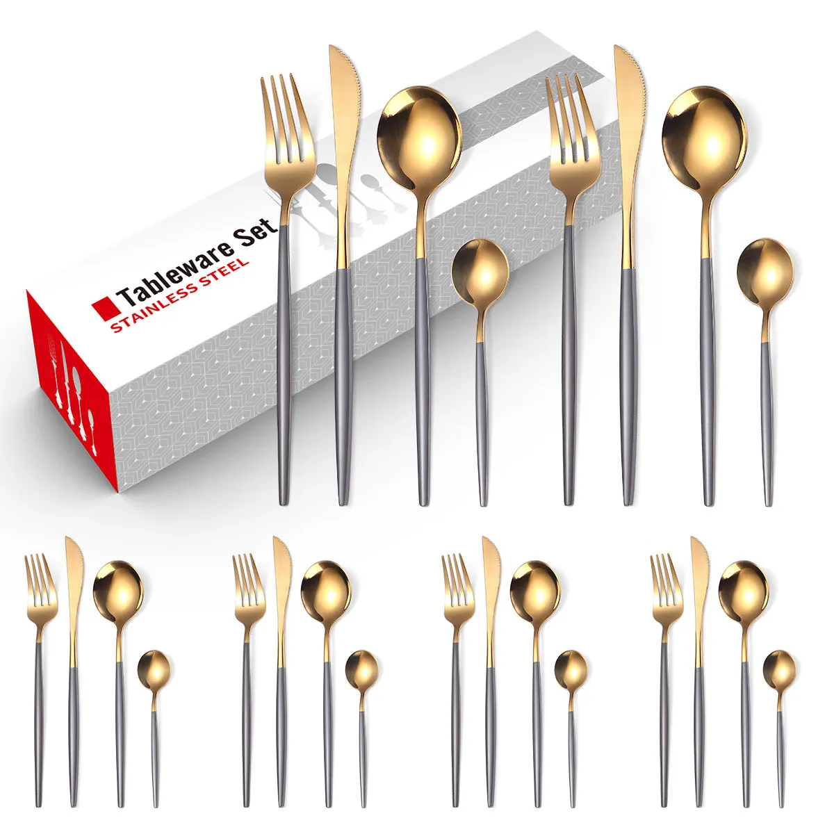 Stainless Steel Knife and Forks Four-Piece Spray Paint Portuguese Tableware 24 Pieces Golden Set Creative Western Food Steak Knife, Fork and Spoon