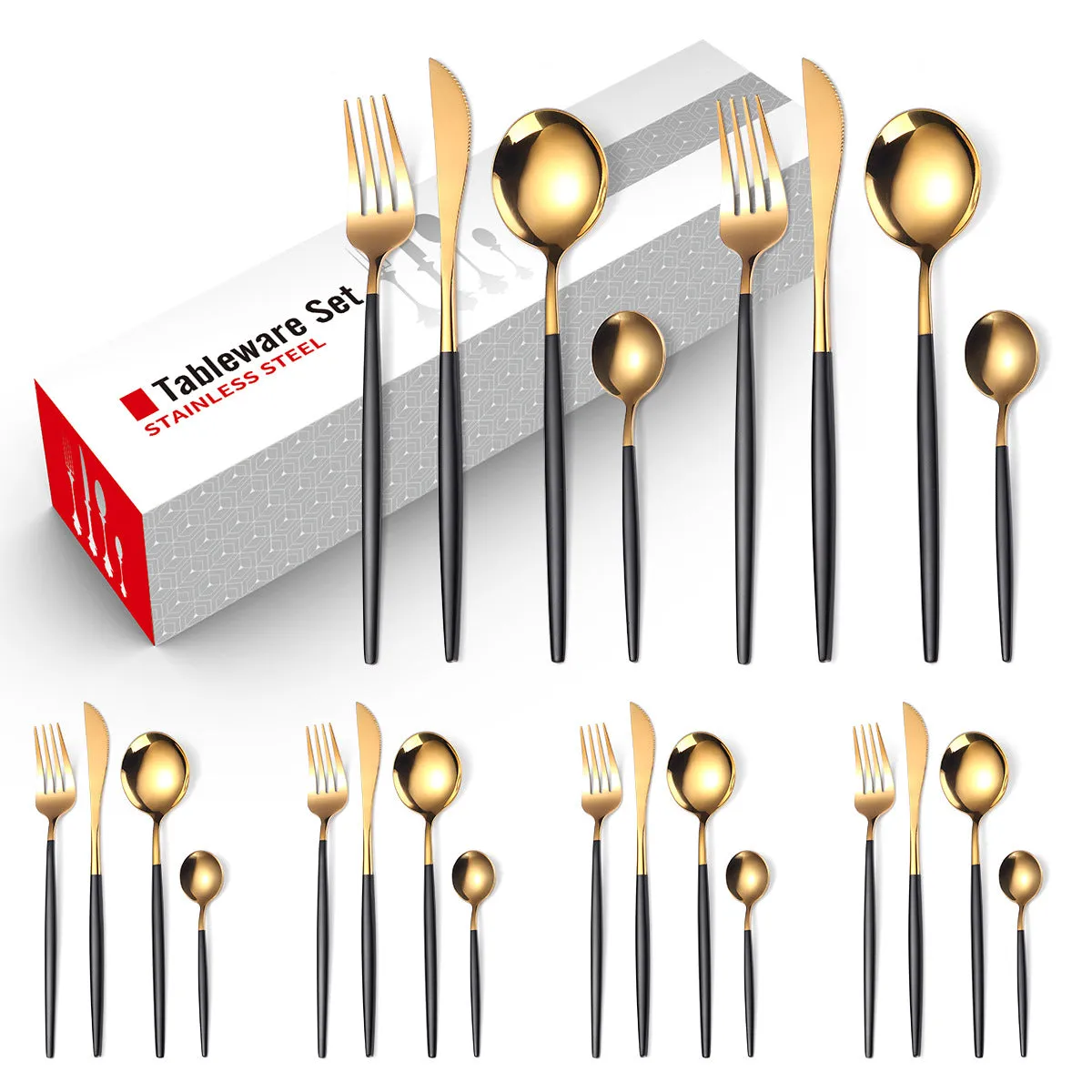 Stainless Steel Knife and Forks Four-Piece Spray Paint Portuguese Tableware 24 Pieces Golden Set Creative Western Food Steak Knife, Fork and Spoon