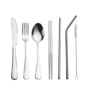 Stainless Steel Set Knife, Fork and Spoon Chopsticks Straw Portable Tableware 7-Piece Set