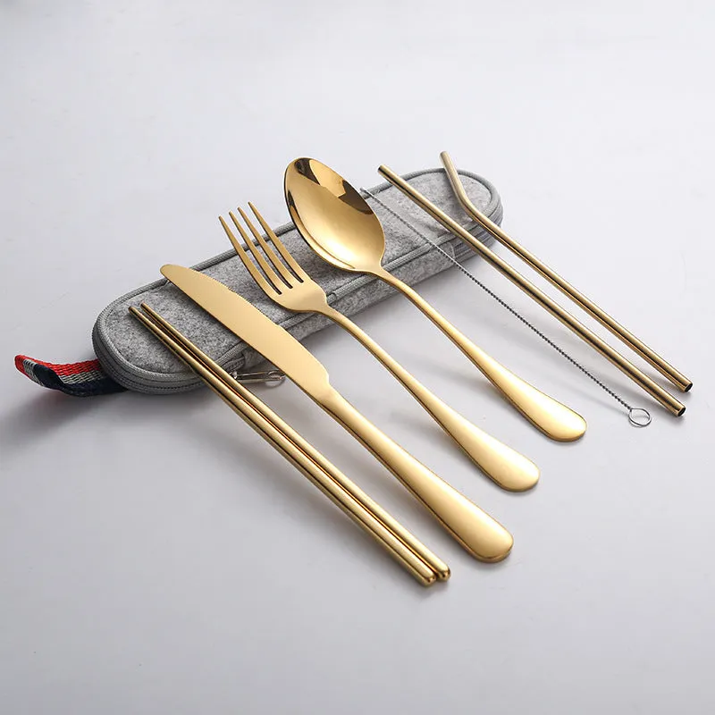 Stainless Steel Set Knife, Fork and Spoon Chopsticks Straw Portable Tableware 7-Piece Set