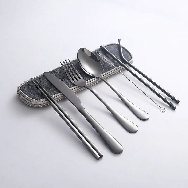 Stainless Steel Set Knife, Fork and Spoon Chopsticks Straw Portable Tableware 7-Piece Set